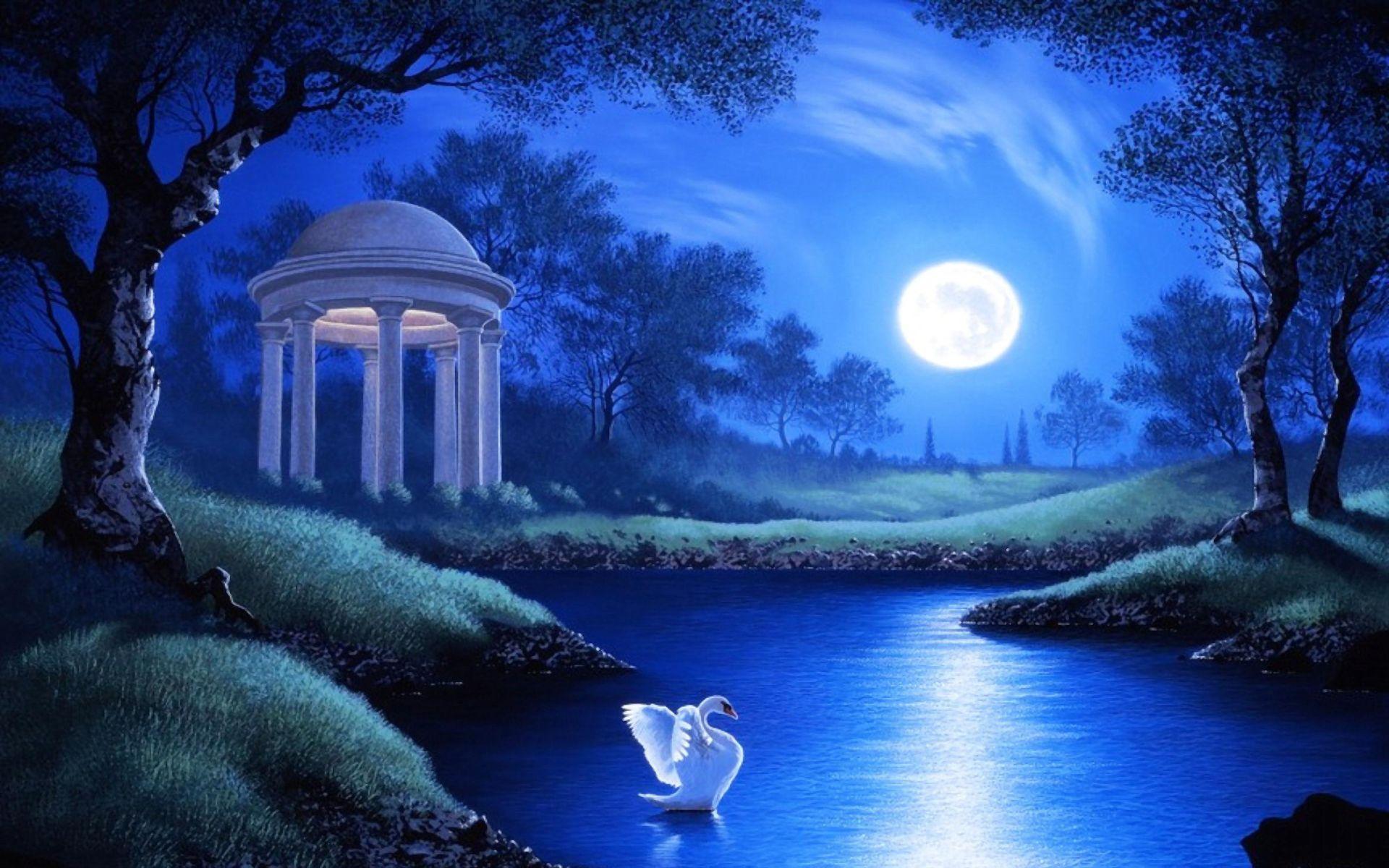 1920x1200 Fantasy Swan Lake Garden Gazebo Moon Night Blue Wallpaper:1920x1200