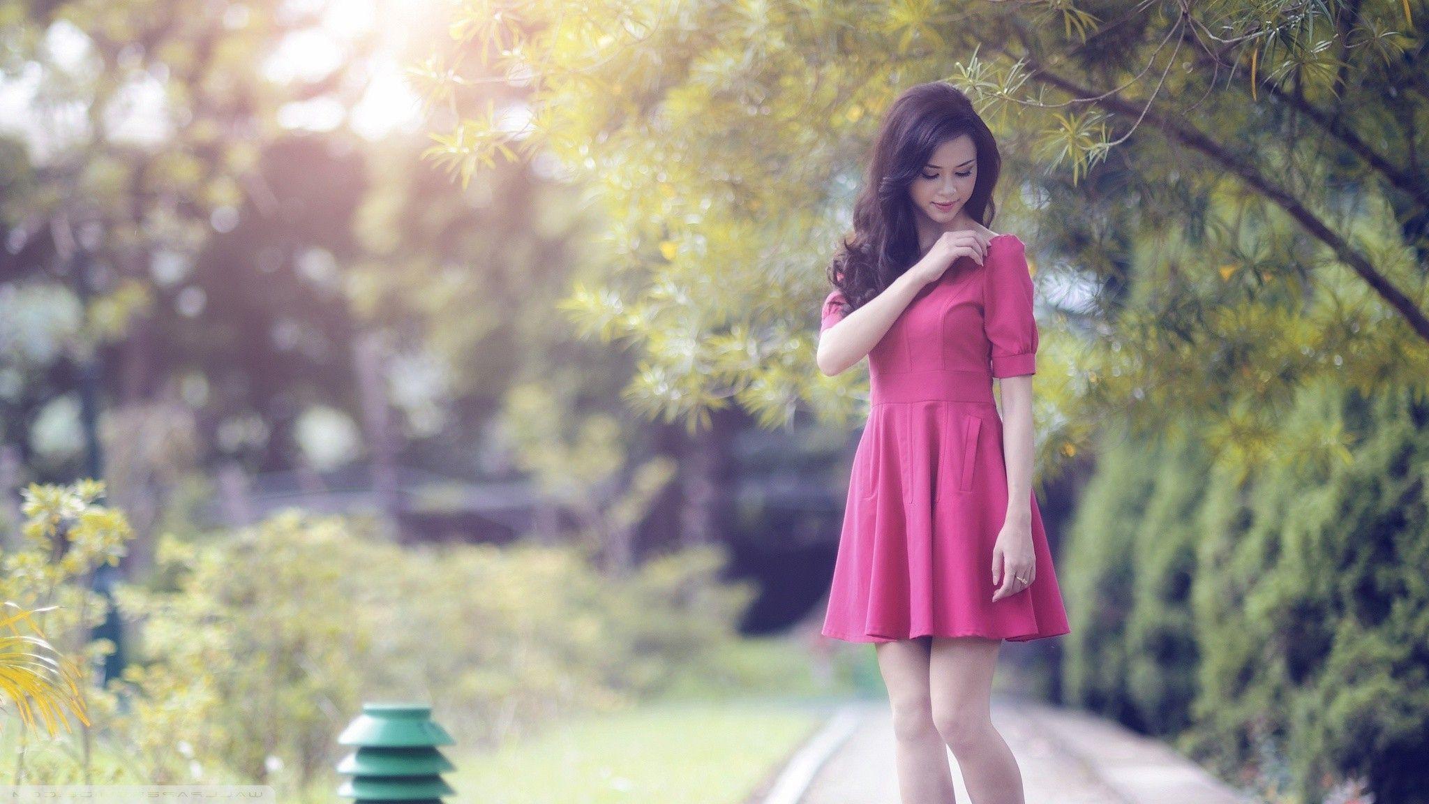 2048x1152 Asian, Red Dress, Garden, Women Wallpaper HD / Desktop and Mobile Background