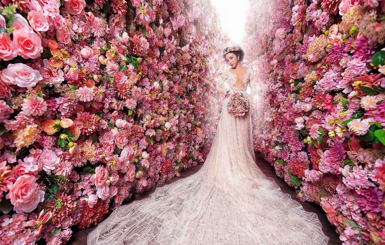 1332x850 Wallpaper girl, flowers, white, roses, beauty, bouquet, garden, dress, pink, Asian, the bride, luxury, a lot, sudebnoe image for desktop, section стиль