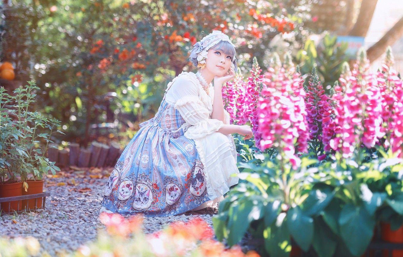 1332x850 Wallpaper summer, girl, light, flowers, nature, garden, dress, outfit, pink, Asian, sitting, flowerbed, photohoot image for desktop, section стиль