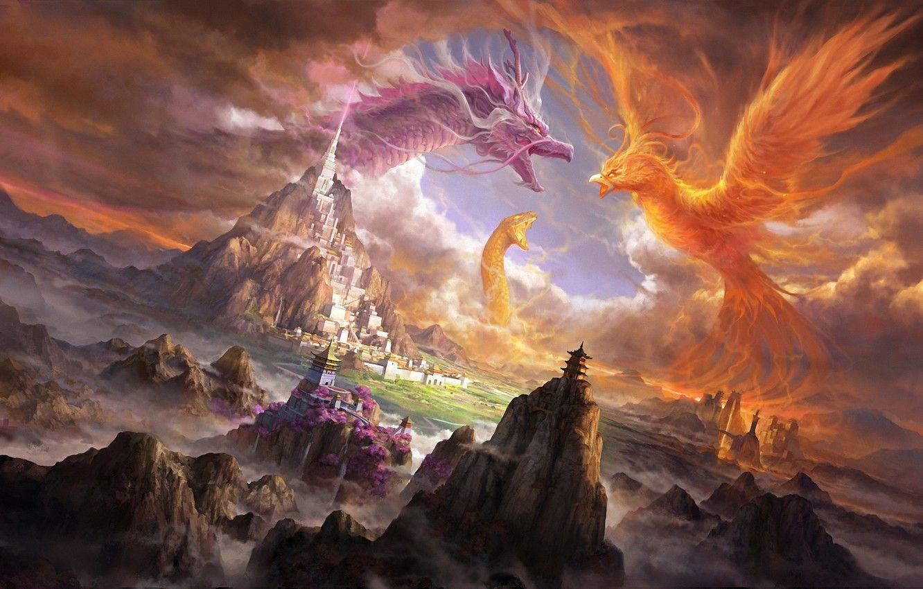 1332x850 Wallpaper mountains, the city, castle, rocks, fire, dragon, snake, art, creatures, snakes, battle, Phoenix image for desktop, section фантастика