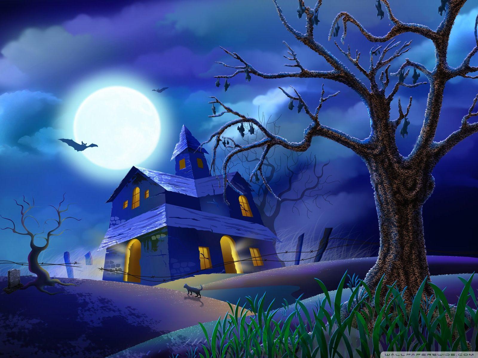 1600x1200 Spooky House Bats Cat Night Full Moon Hallowmas Halloween Ultra HD Desktop Background Wallpaper for 4K UHD TV : Widescreen & UltraWide Desktop & Laptop : Tablet