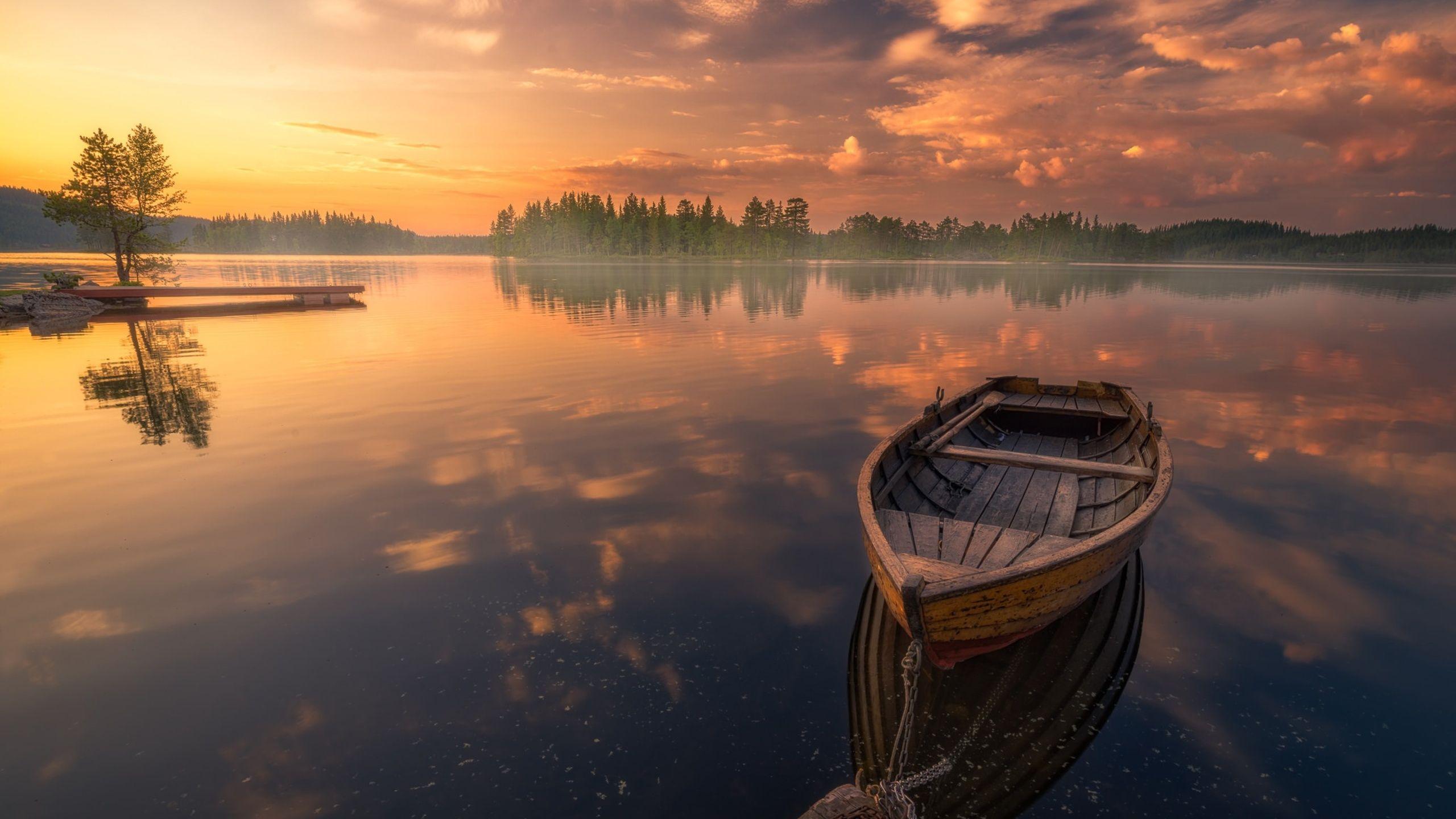 2560x1440 Boat In Silent Lake Nature Sunset 1440P Resolution HD 4k Wallpaper, Image, Background, Photo and Picture