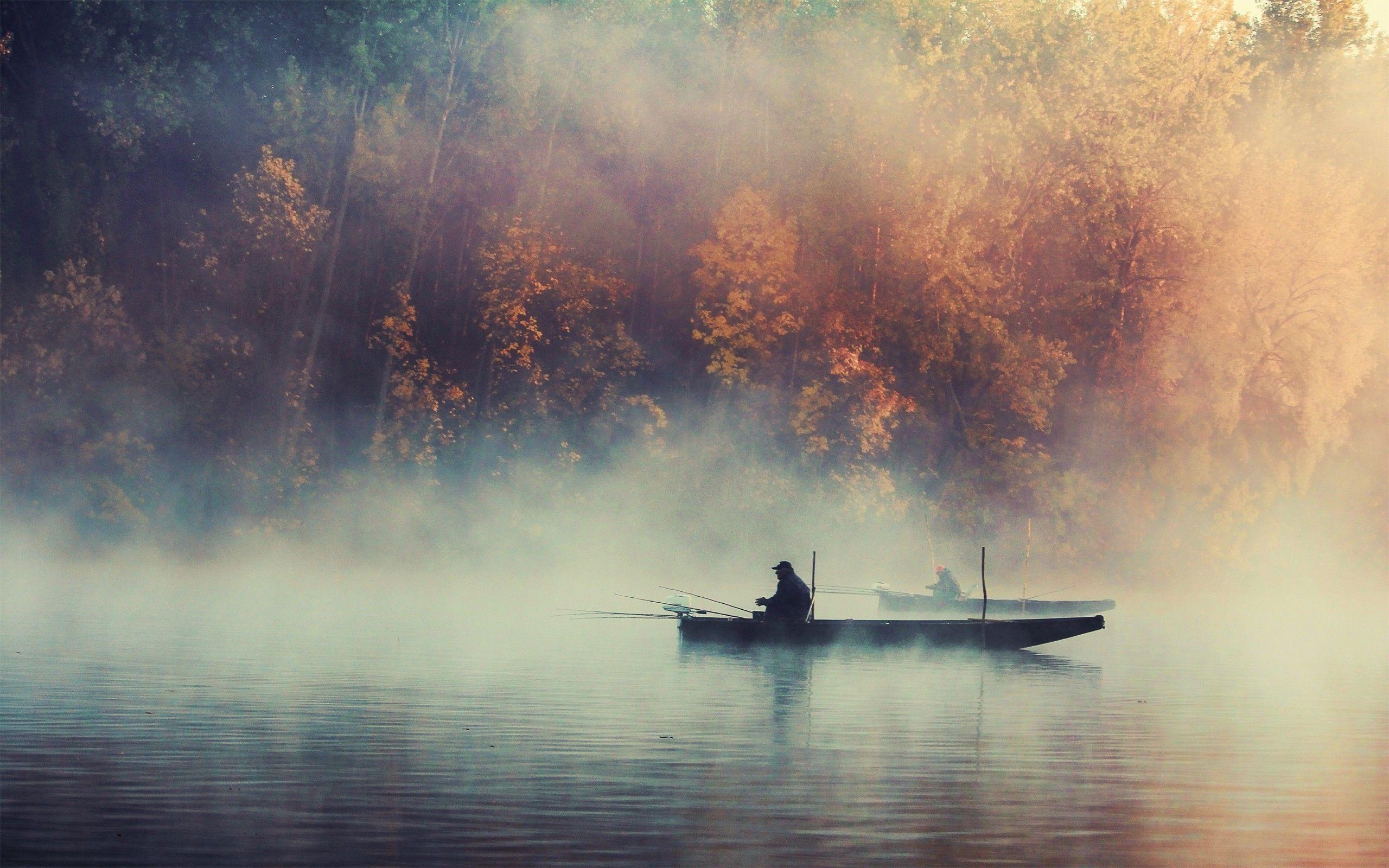 2560x1600 water, Boat, Trees, Lake, Fishing, Smoke Wallpaper HD / Desktop and Mobile Background