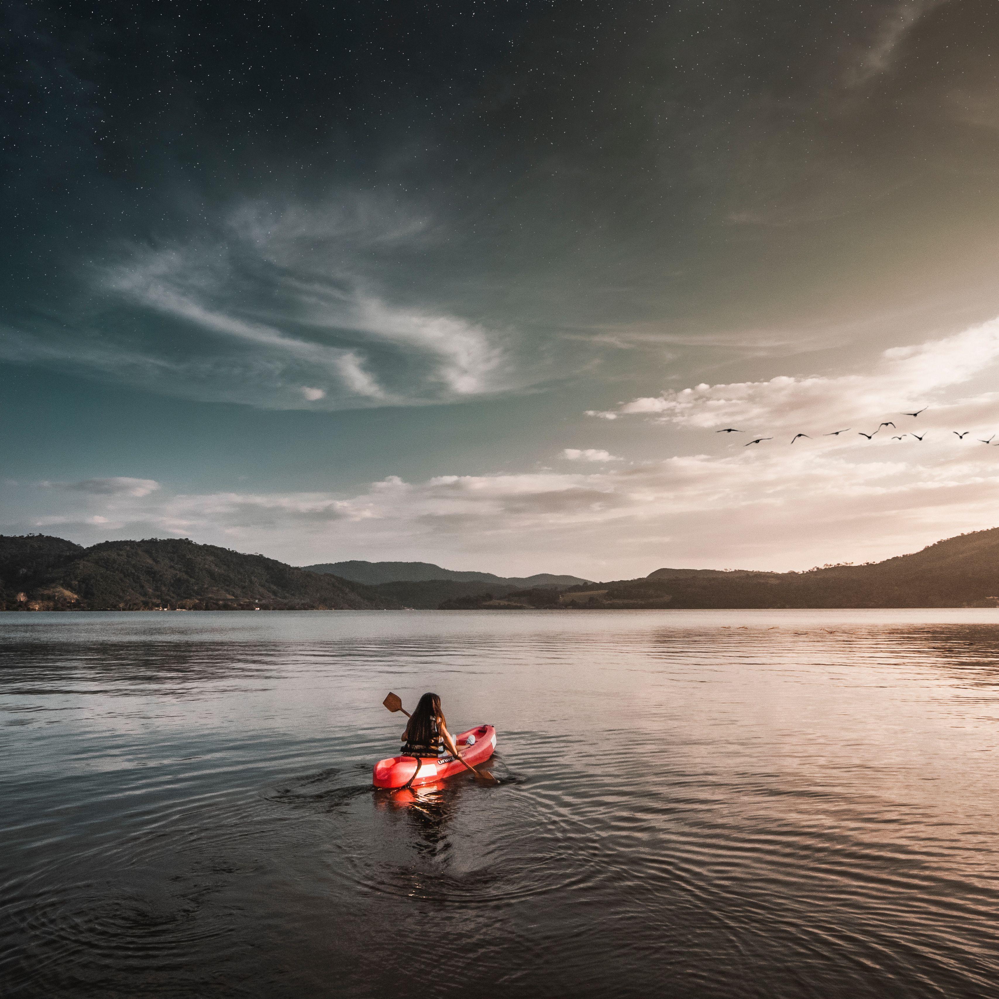 3415x3415 Download wallpaper 3415x3415 boat, lake, girl, solitude, alone, landscape ipad pro 12.9 retina for parallax HD background