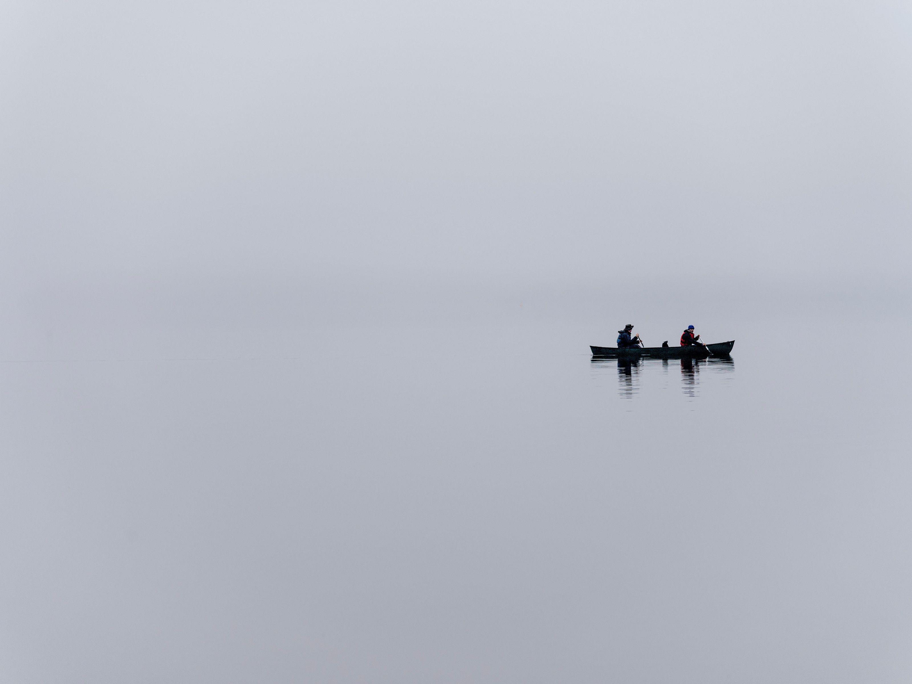 3200x2400 wallpaper boat, lake, fog, minimalism, gray HD : Widescreen : High Definition