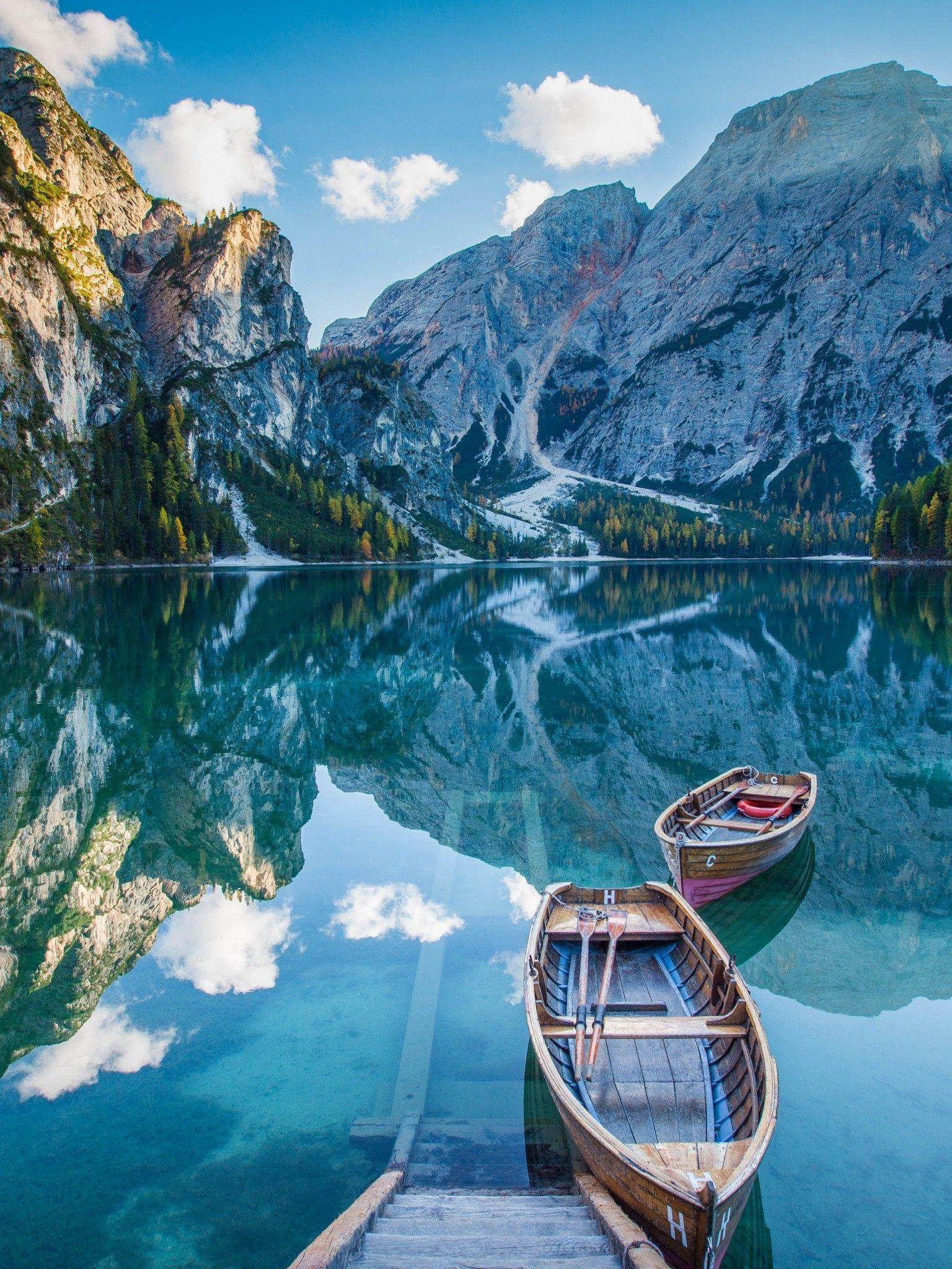 1536x2048 Lake Deck Boat Mountains Mirror Wallpaper - [1536x2048]