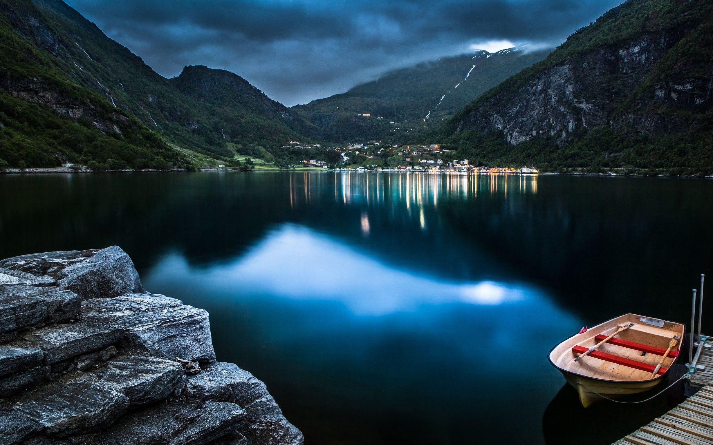 2457x1536 Norway, Mountain, Boat, Lake, Rock, Reflection, Overcast Wallpaper HD / Desktop and Mobile Background
