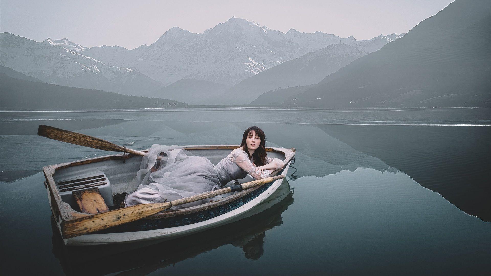 1920x1080 Wallpaper Girl, boat, lake, mountains, morning 1920x1200 HD Picture, Image