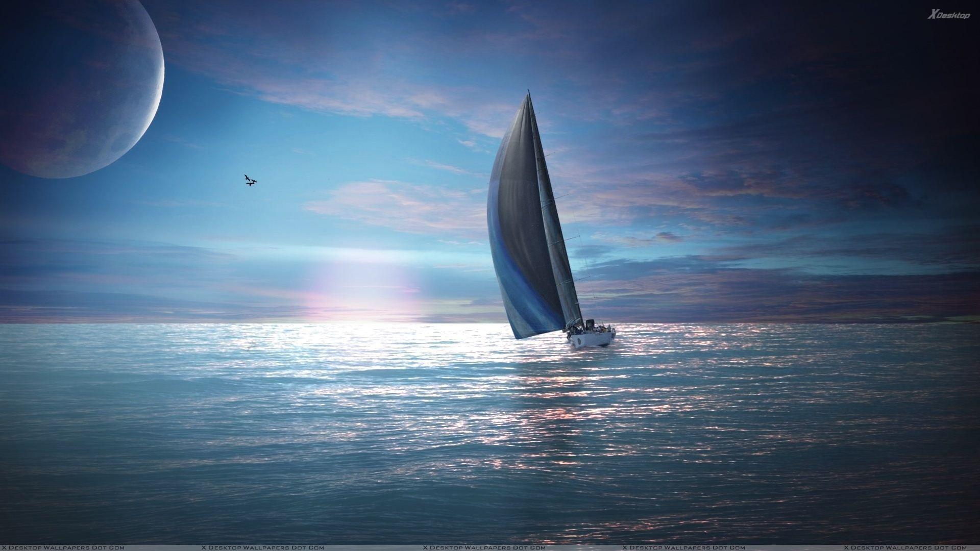 1920x1080 Sailing Boat In Sea At Sunset Wallpaper