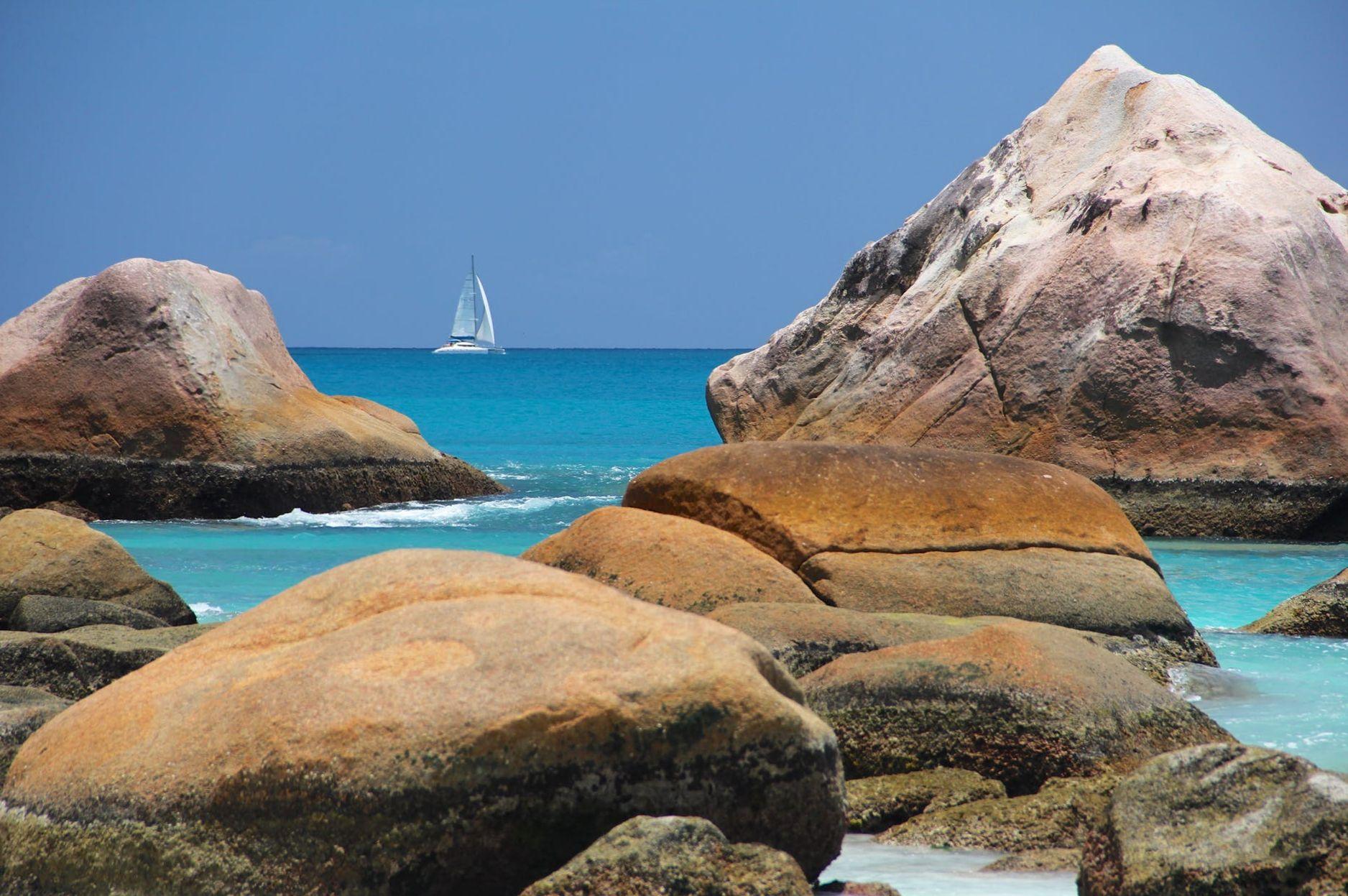 1876x1247 4k HD Wallpaper Sea Boat Nature Sky Rocks Wide Wallpaper