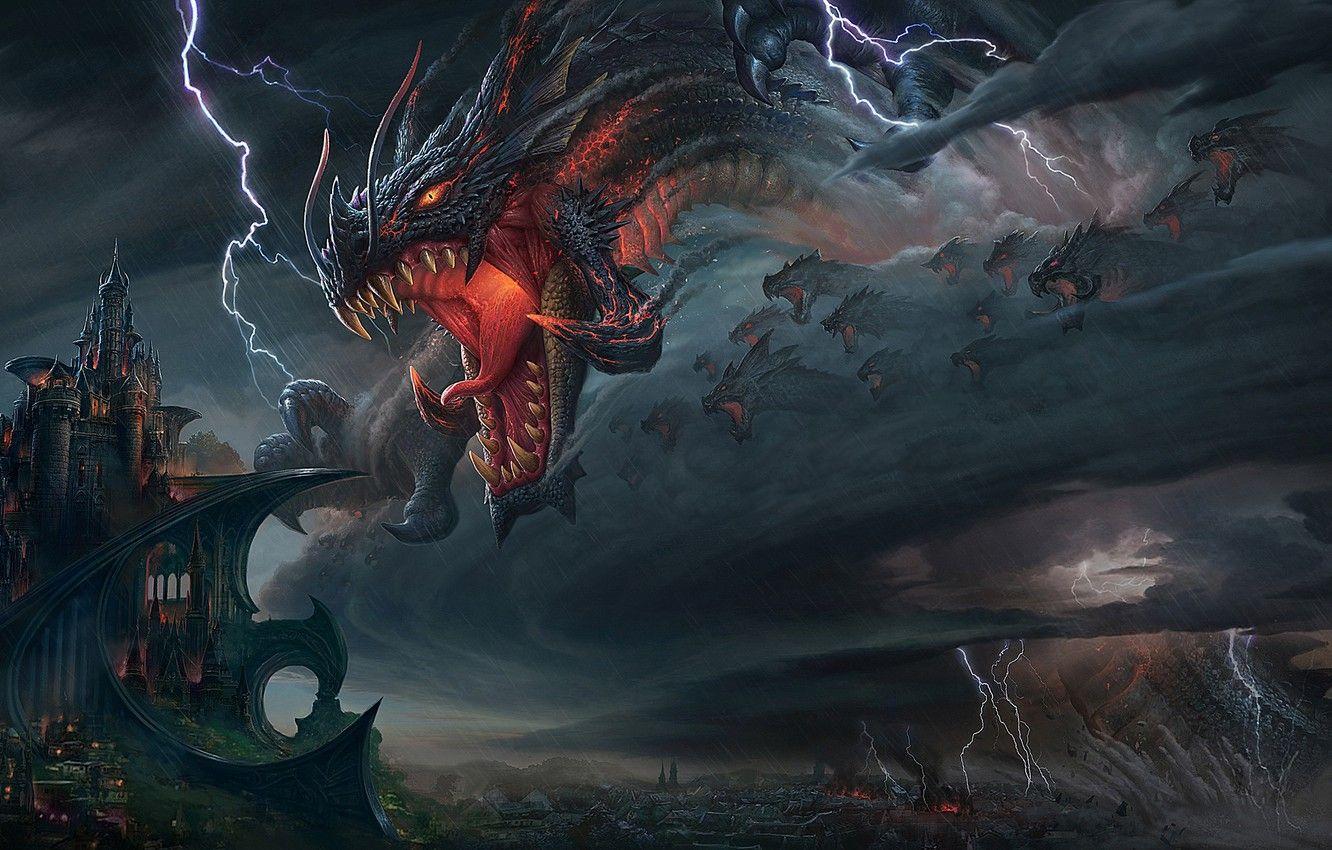 1332x850 Wallpaper Night, Castle, Zipper, Pack, Mouth, Attack, Fangs, Horror, Art, Giant, Fire Breathing Dragon, Lee337 Image For Desktop, Section фантастика