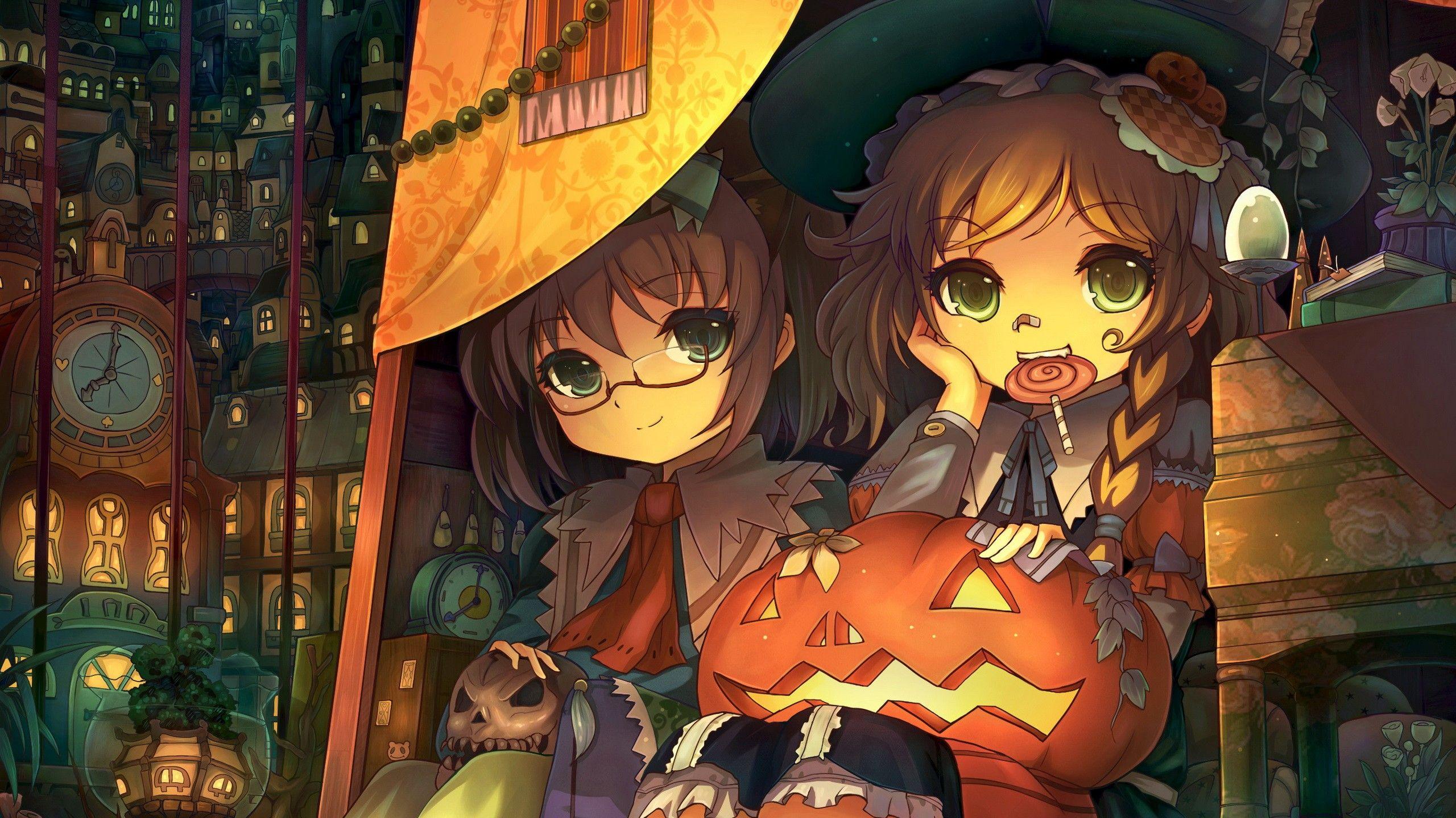 2560x1440 blondes, video games, Touhou, Halloween, glasses, long hair, green eyes, animal ears, short hair, Kirisame Marisa, artwork, meganekko, detailed, Alice Margatroid, two girls, anime girls wallpaper