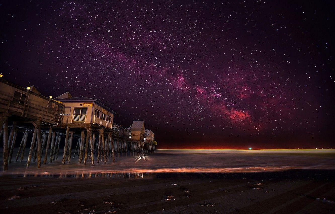 1332x850 Wallpaper sea, night, bridge, United States, Maine, Old Orchard Beach image for desktop, section пейзажи