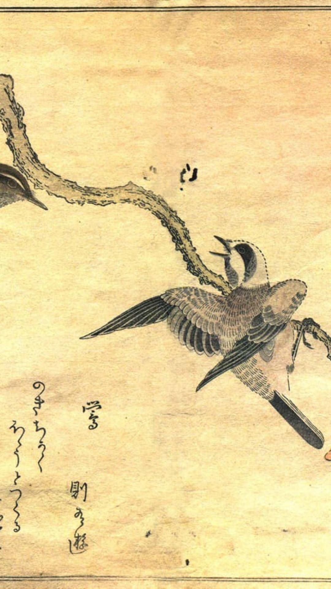 1080x1920 Birds japanese artwork warblers great tit kitagawa utamaro wallpaper