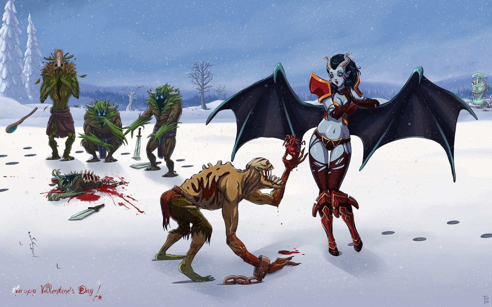 1920x1200 video games, winter, snow, wings, blood, succubus, horns, Dota, blush, artwork, hearts, minions, Dota Queen of Pain, Lifestealer, Akasha wallpaper
