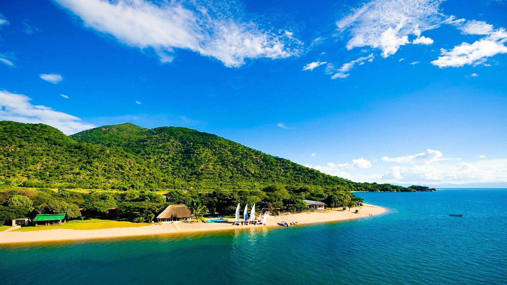 1920x1080 green, water, blue, clouds, landscapes, nature, sand, white, hills, Africa, lakes, Mozambique, beach wallpaper