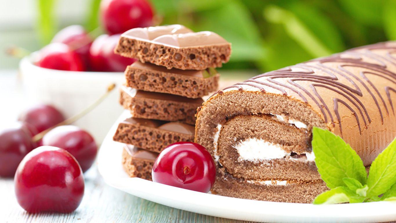 1366x768 Image Swiss roll Chocolate Cherry Food Pastry confectionery 1366x768