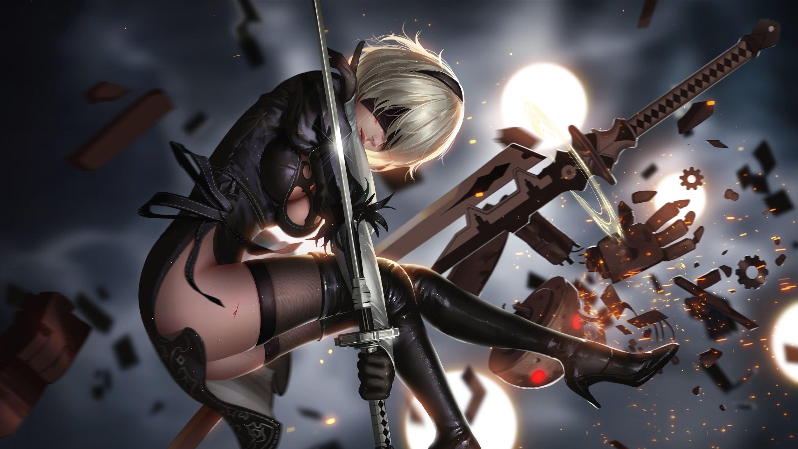 2560x1440 Wallpaper Nier: Automata, girl, sword, fight 3840x2160 UHD 4K Picture, Image