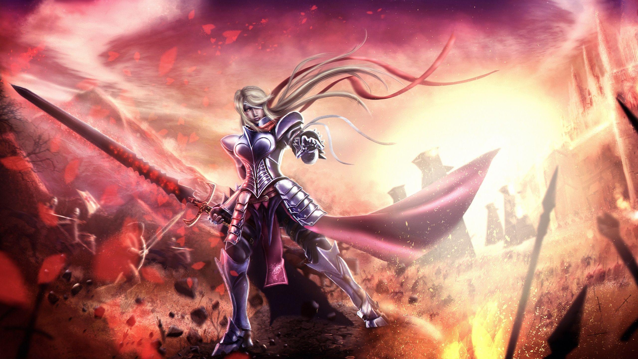 2560x1440 Wallpaper Fantasy knight girl, armor, sword, battle 2560x1440 QHD Picture, Image