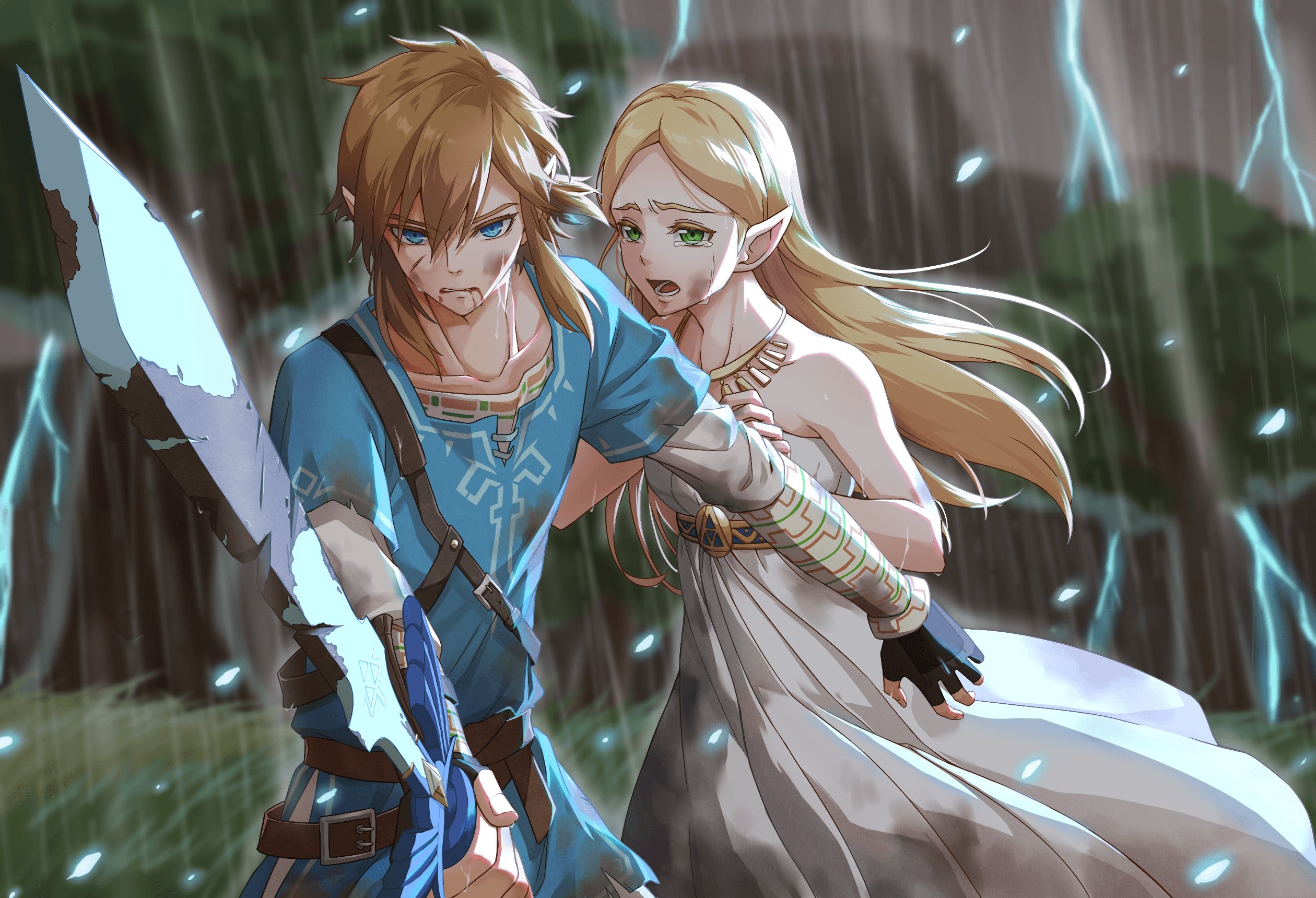 2520x1720 Download 2520x1720 Link, Princess Zelda, Crying, Tears, The Legend Of Zelda: Breath Of The Wild, Sword, Blonde, Dress, Raining, Fight Wallpaper