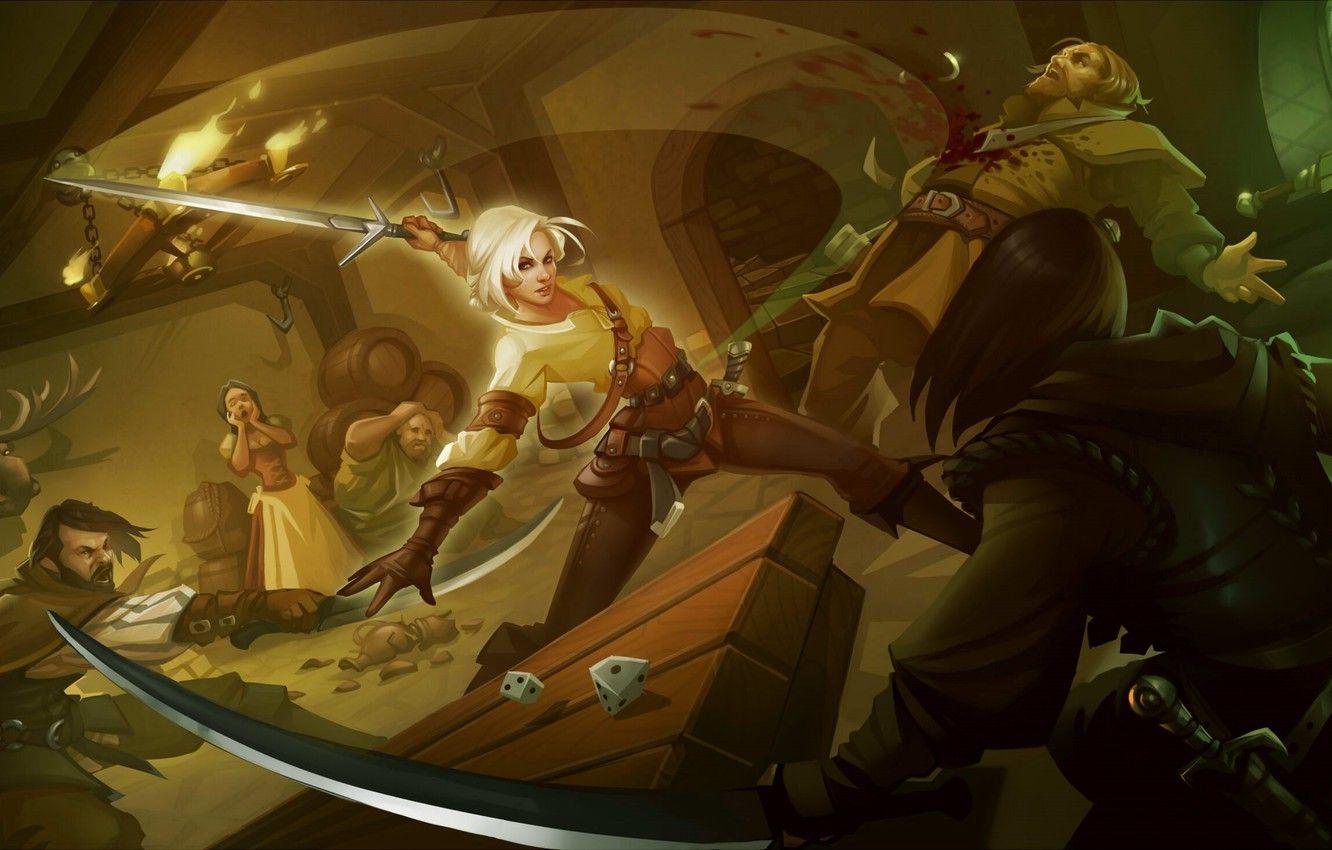 1332x850 Wallpaper girl, squirt, blood, figure, sword, battle, fantasy, art, fight, blow, girl, sword, blood, fantasy, dice, The Witcher image for desktop, section игры