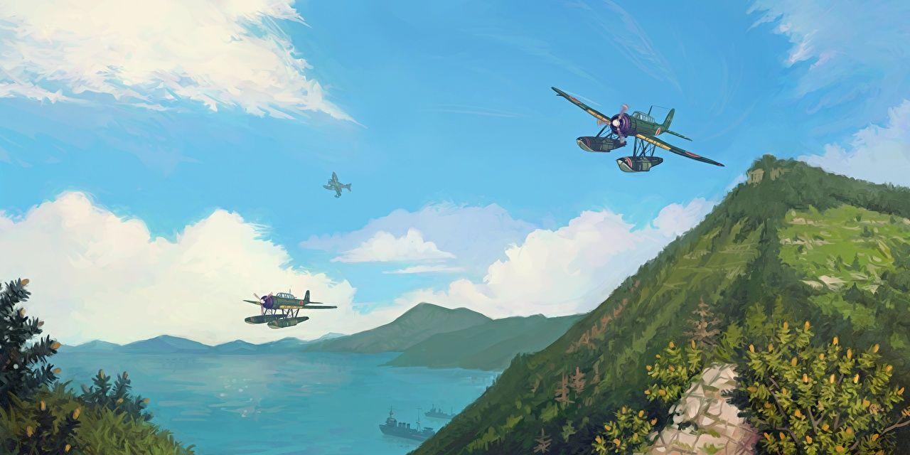 1280x640 Wallpaper Airplane Japanese Seaplane Aichi E13A Jake Painting Art