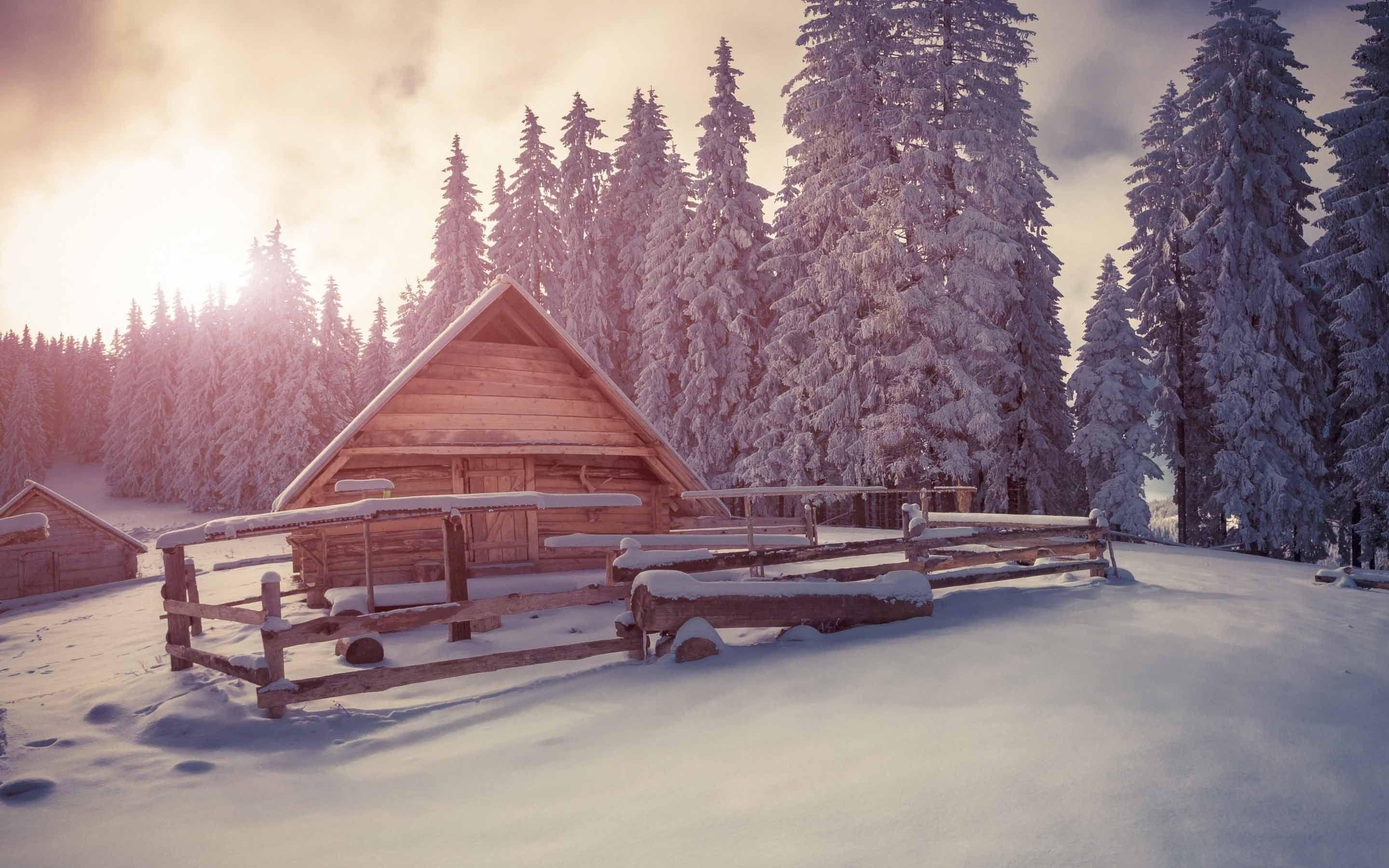2880x1800 Winter Wooden House Under Snow MacBook Air Wallpaper Download
