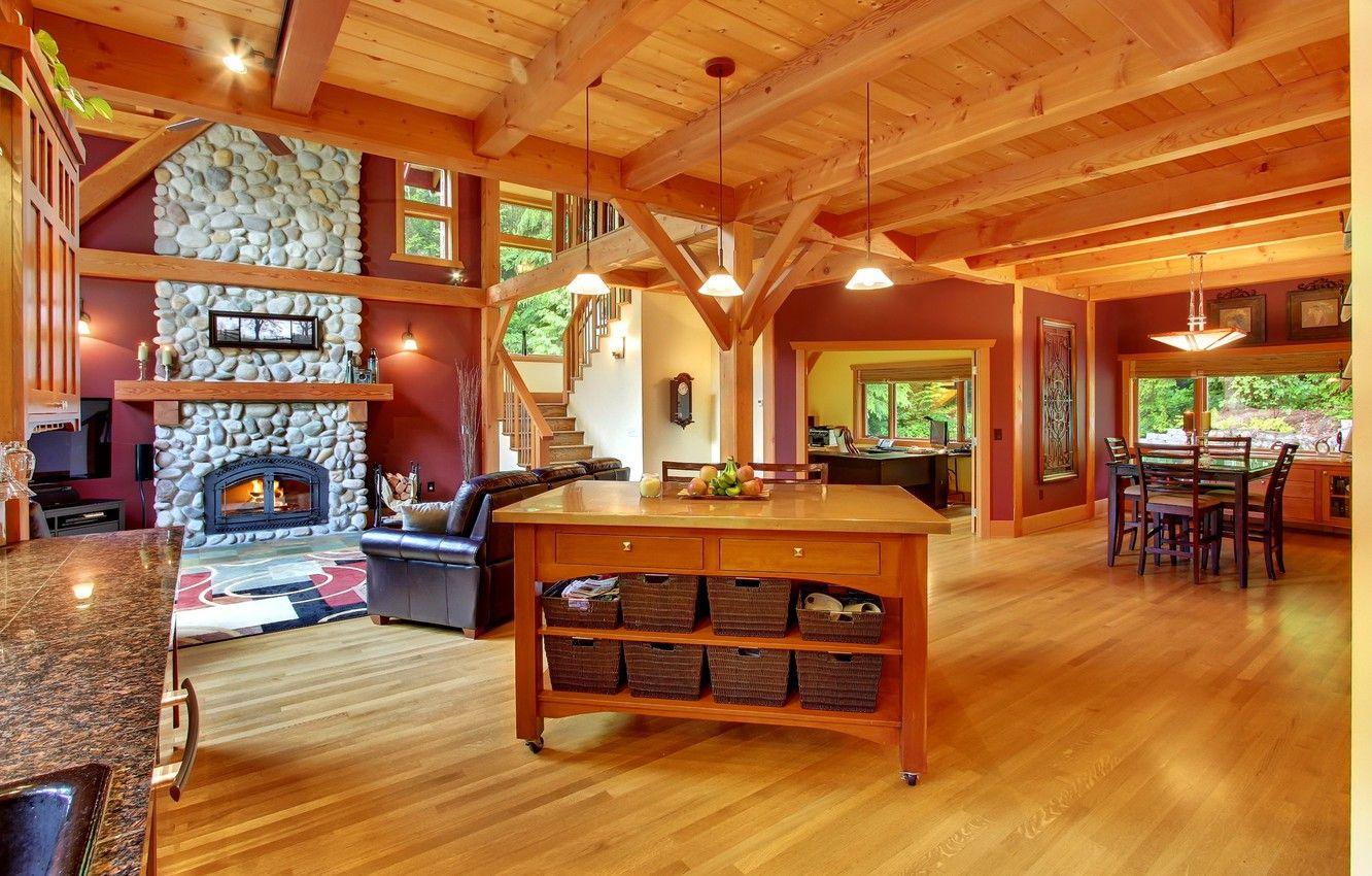 1332x850 Wallpaper tree, stone, interior, fireplace, office, interior, wooden houses building, TV.chairs table lamp, stairs. image for desktop, section интерьер