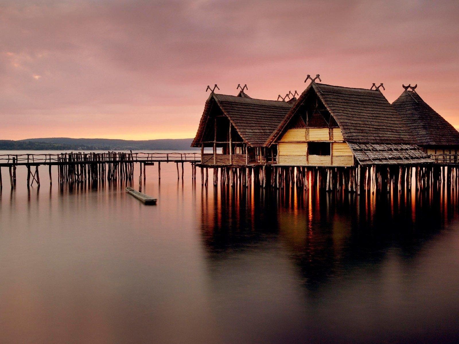 1600x1200 Wallpaper Wooden house, pier, sea, dusk 1920x1200 HD Picture, Image