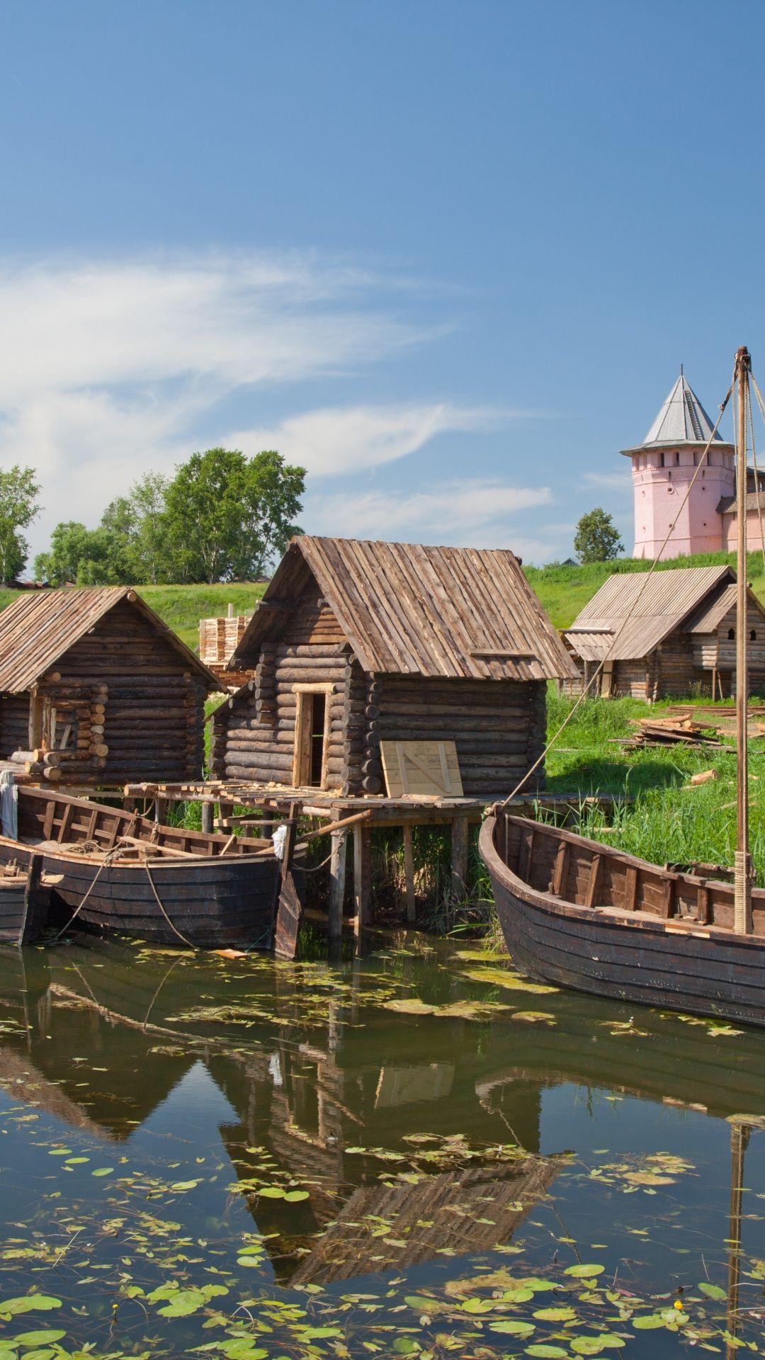 1080x1920 Suzdal Vladimir Region River Stove Kremlin Tower City Estate Boats Wooden House iPhone 8 Wallpaper Free Download