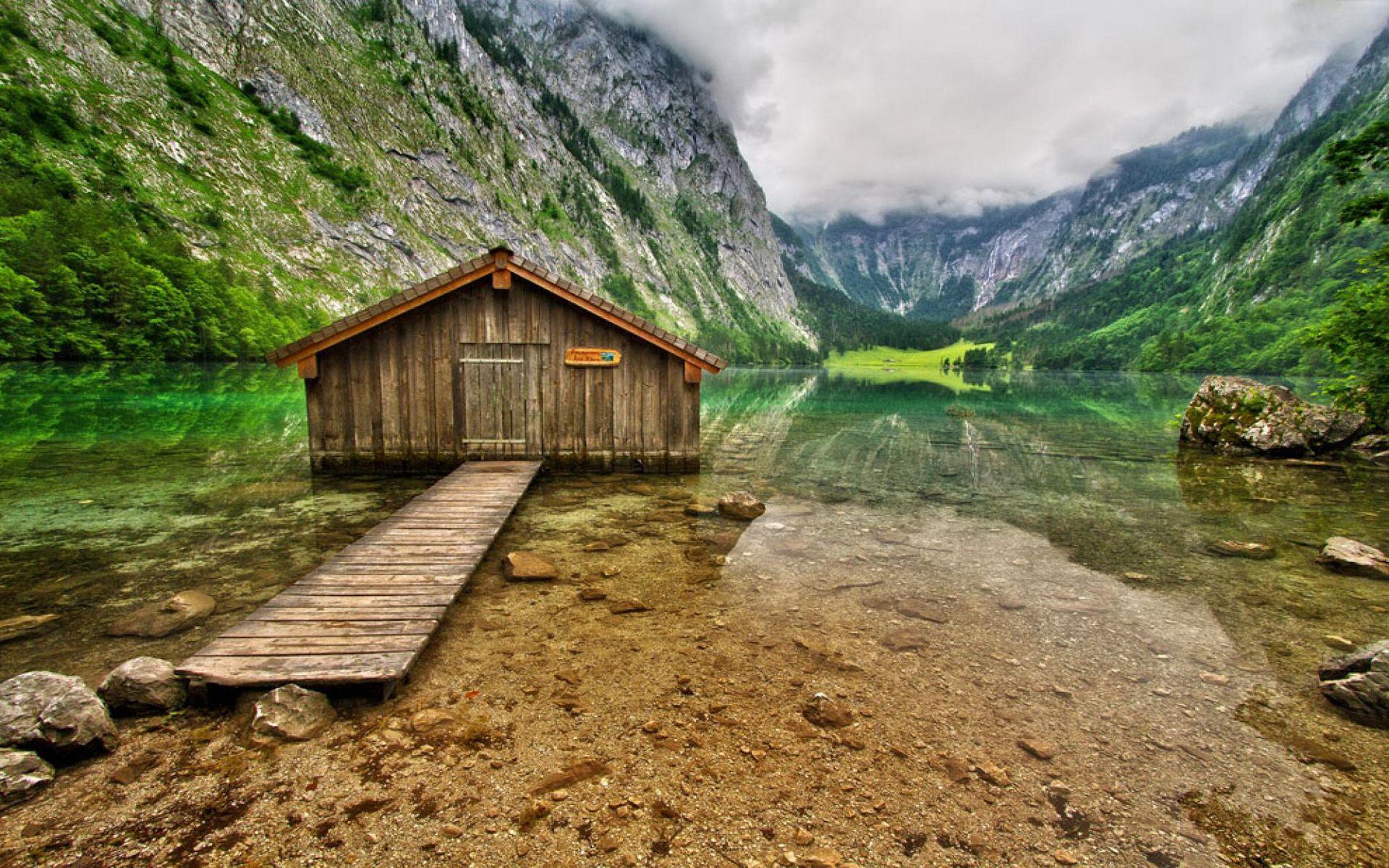1920x1200 Obersee Mountain Lake In South Bavaria Germany Berchtesgaden National Park Wooden House Wallpaper For Deskx1200 :