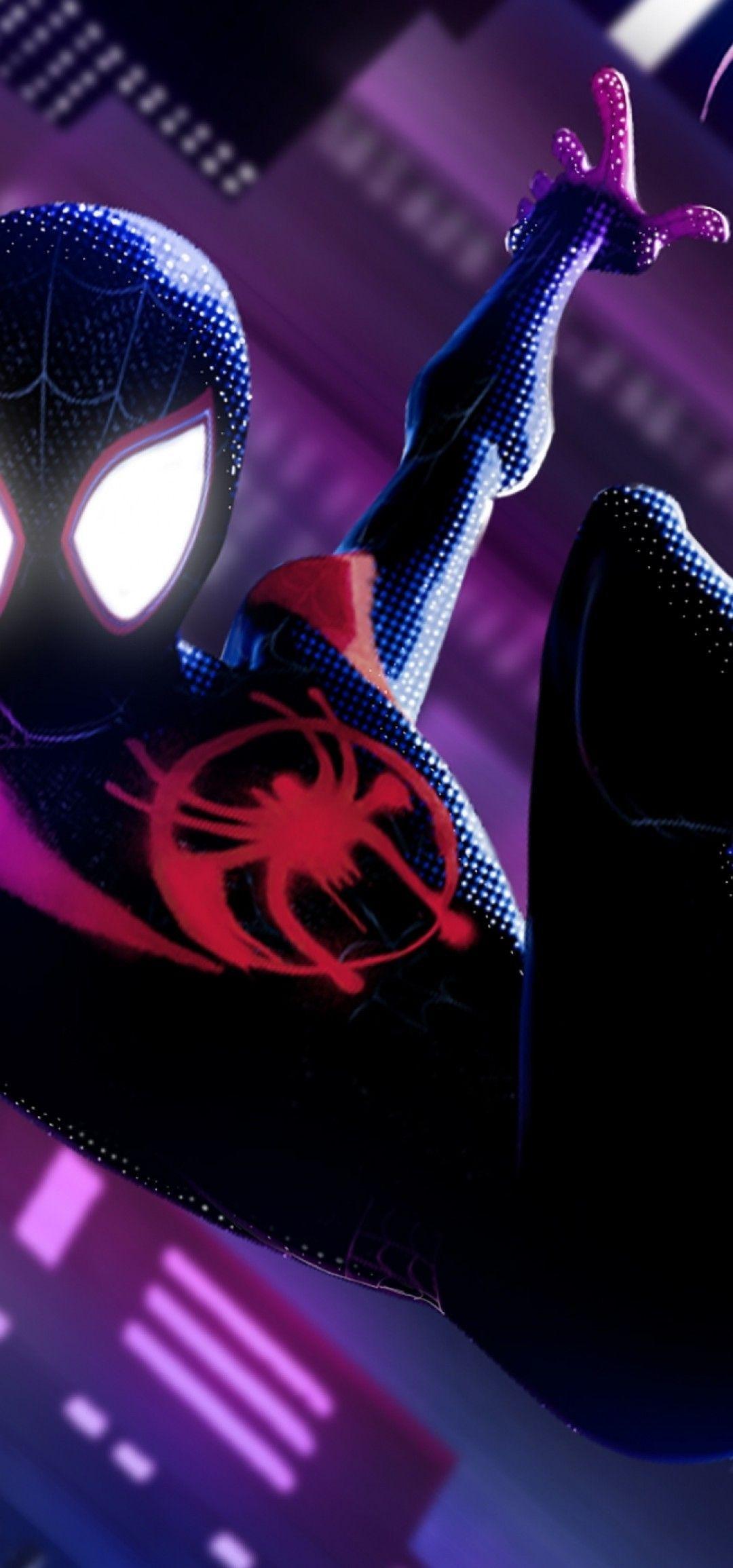 1080x2310 Download 1080x2310 Spider Man: Into The Spider Verse, Miles Morales, Animation, Jumping, Buildings, Neon Wallpaper For Honor View 20