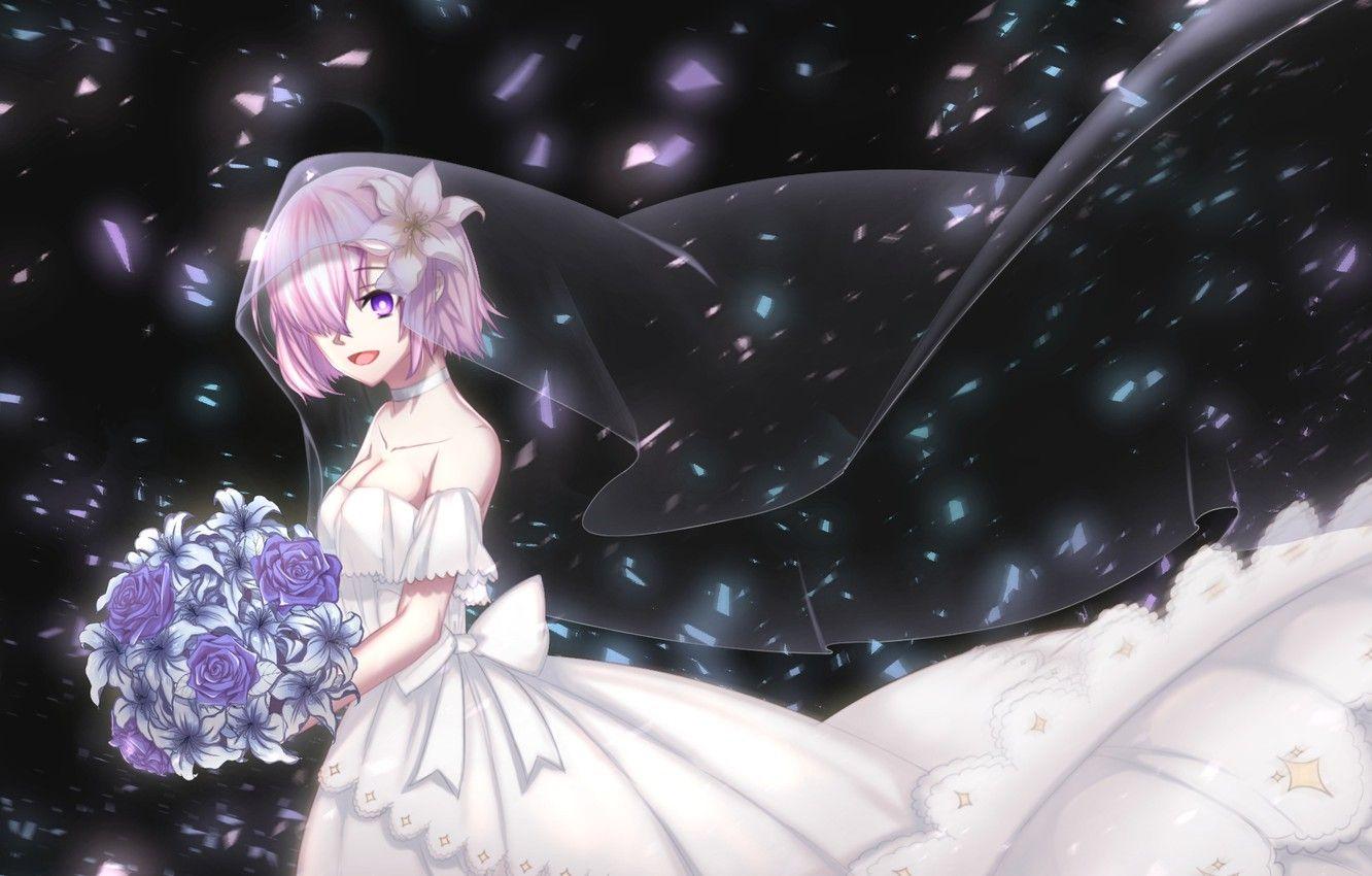 1332x850 Wallpaper night, bouquet, train, neckline, bow, the bride, white dress, veil, Mash Kyrielight, Fate / Grand Order, The destiny of a great campaign image for desktop, section сёнэн