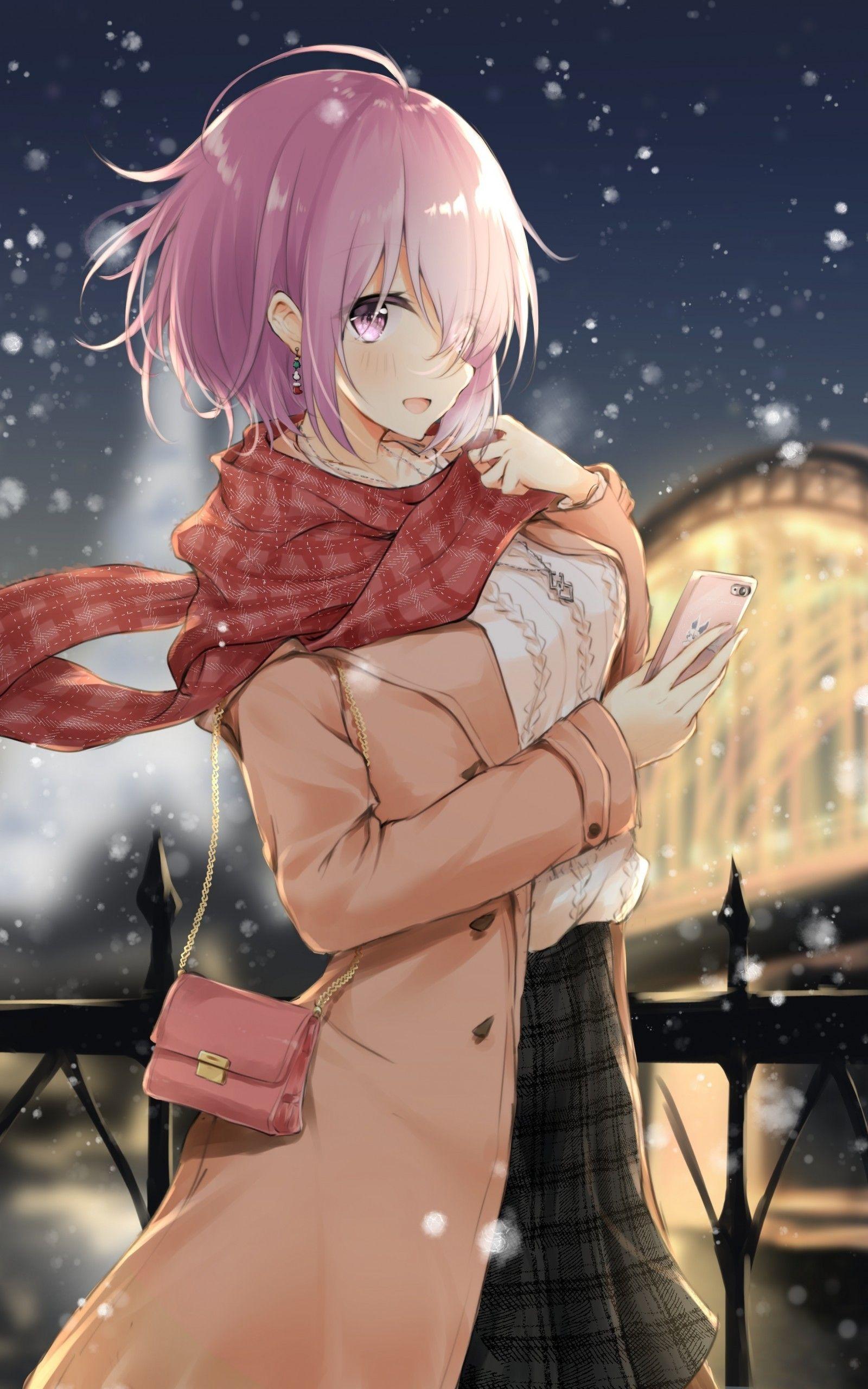 1600x2560 Download 1600x2560 Mash Kyrielight, Pink Hair, Fate Grand Order, Scarf, Snow, Profile View Wallpaper for Google Nexus 10