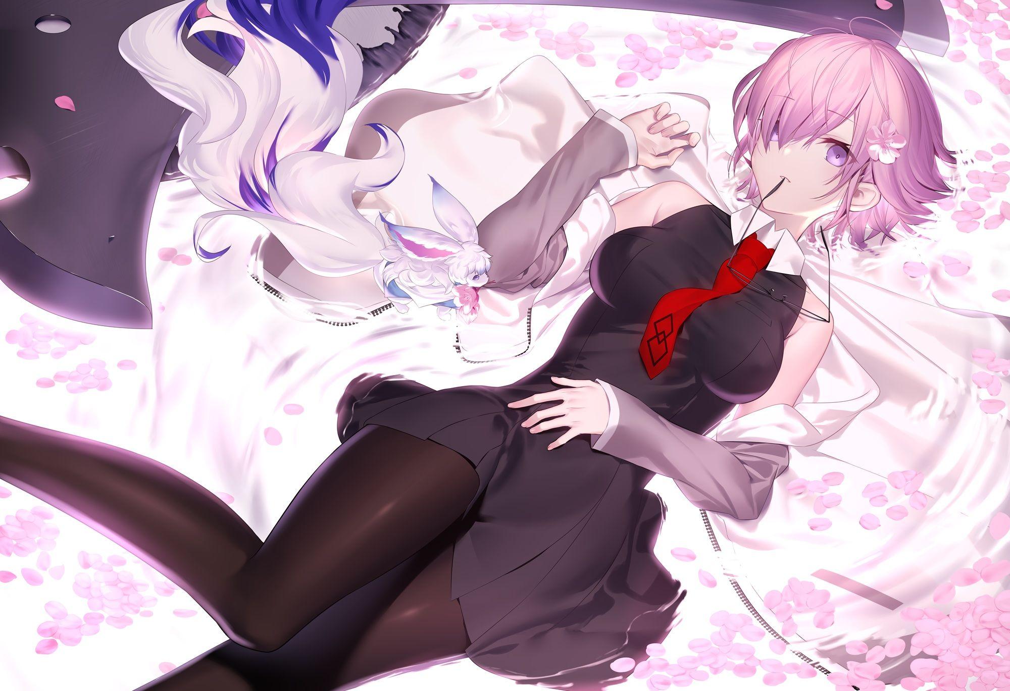 2000x1369 dress fate grand order fate (series) fou (fate grand order) mash kyrielight pantyhose petals pink hair purple eyes shinooji short hair tie wallpaperx1369
