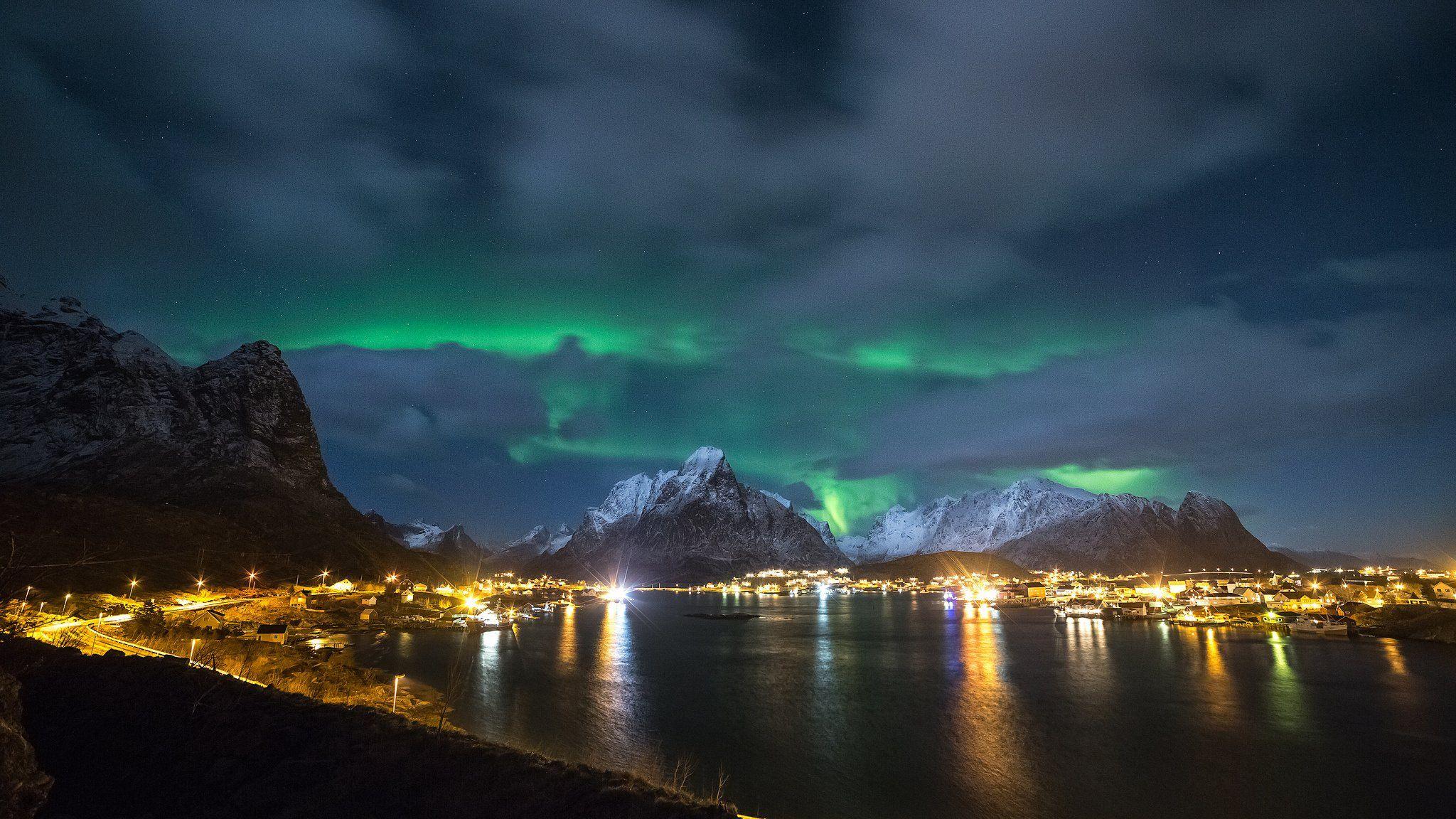 2048x1152 Night Lofoten Islands Norway night sky city wallpaperx1152