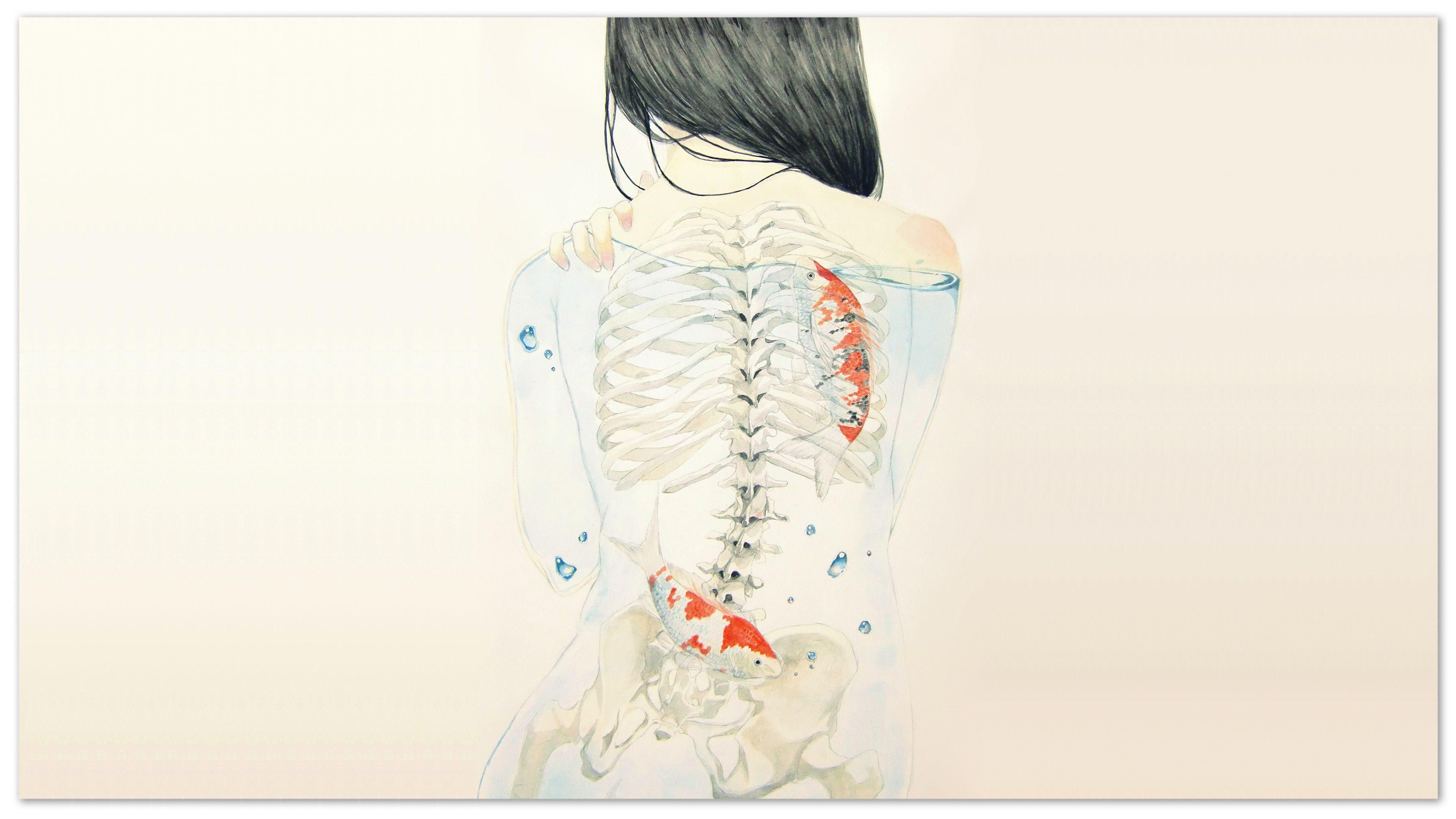 3840x2160 Back Skeleton White Koi Fish Drawing wallpaperx2160