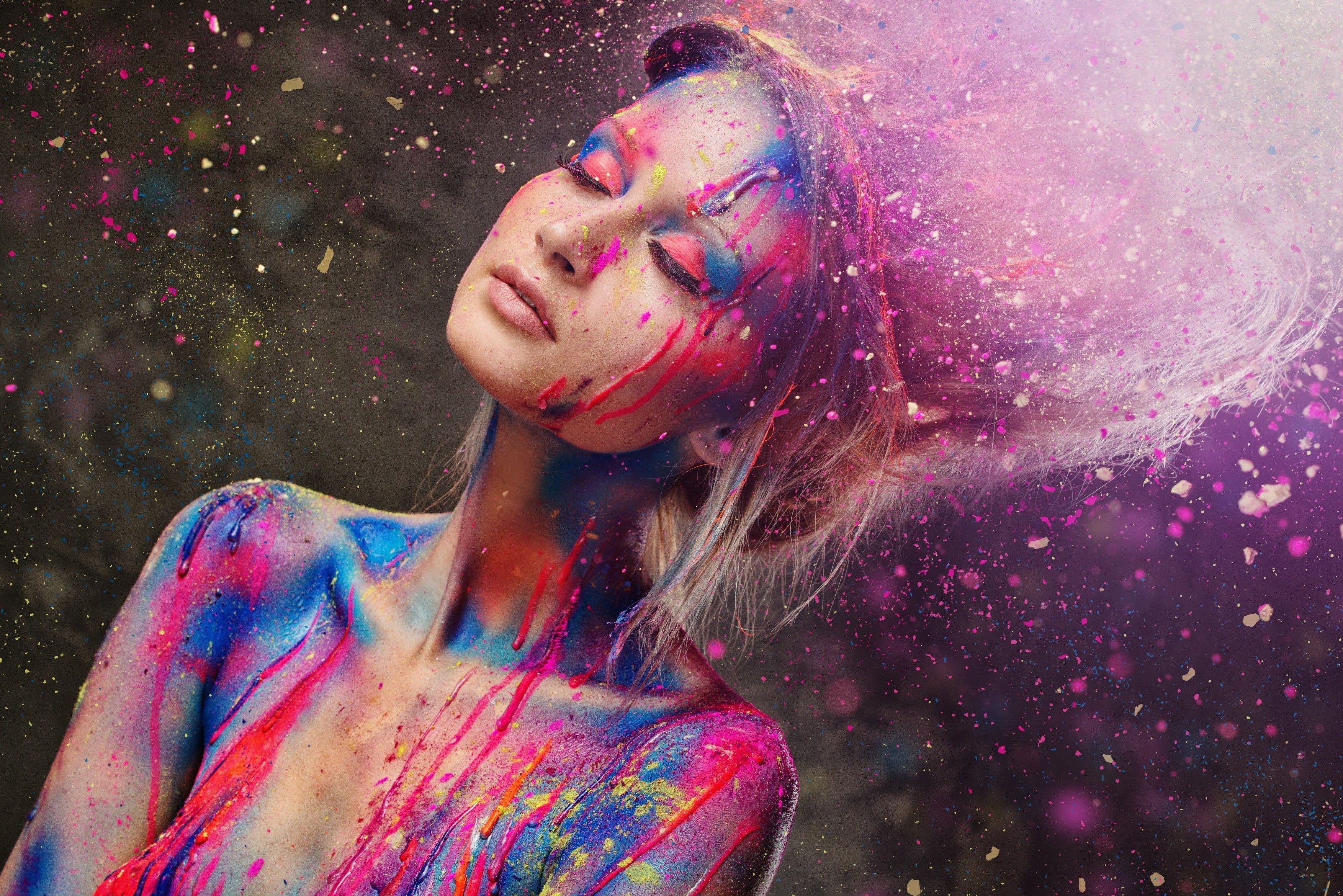 3507x2340 women, Bare Shoulders, Paint Splatter, Closed Eyes, Sunlight, Body Paint Wallpaper HD / Desktop and Mobile Background