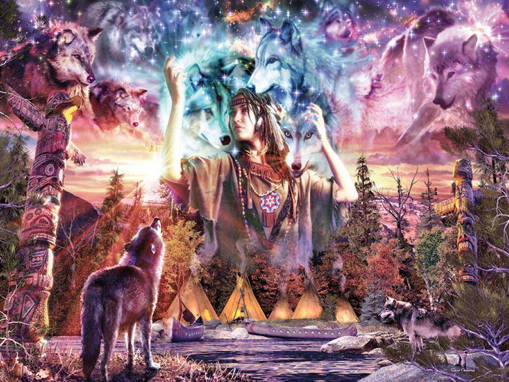 1024x768 Indian and Wolf Wallpaper Image