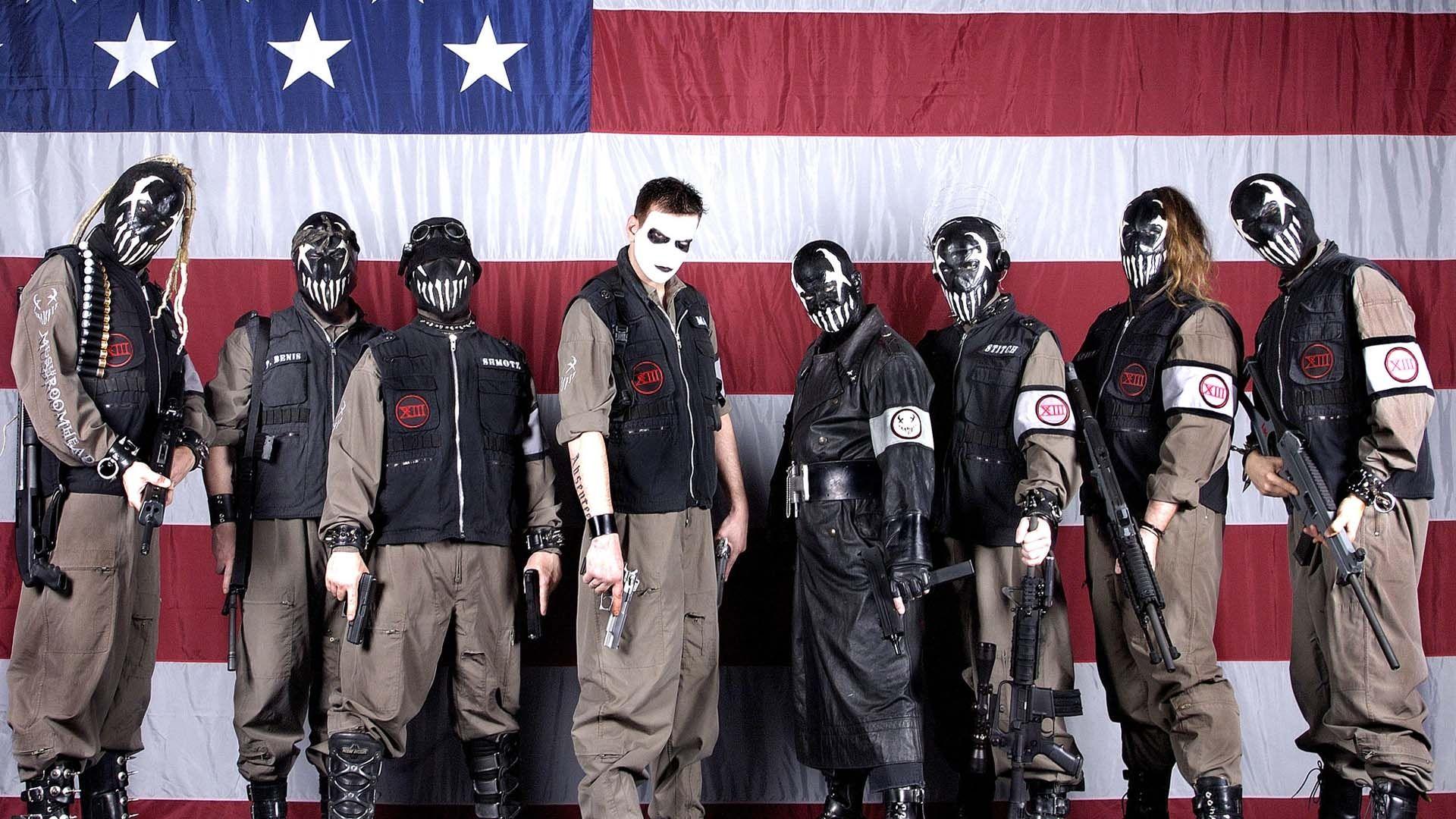 1920x1080 Download Wallpaper 1920x1080 mushroomhead, flag, image, guns, masks Full HD 1080p HD Background