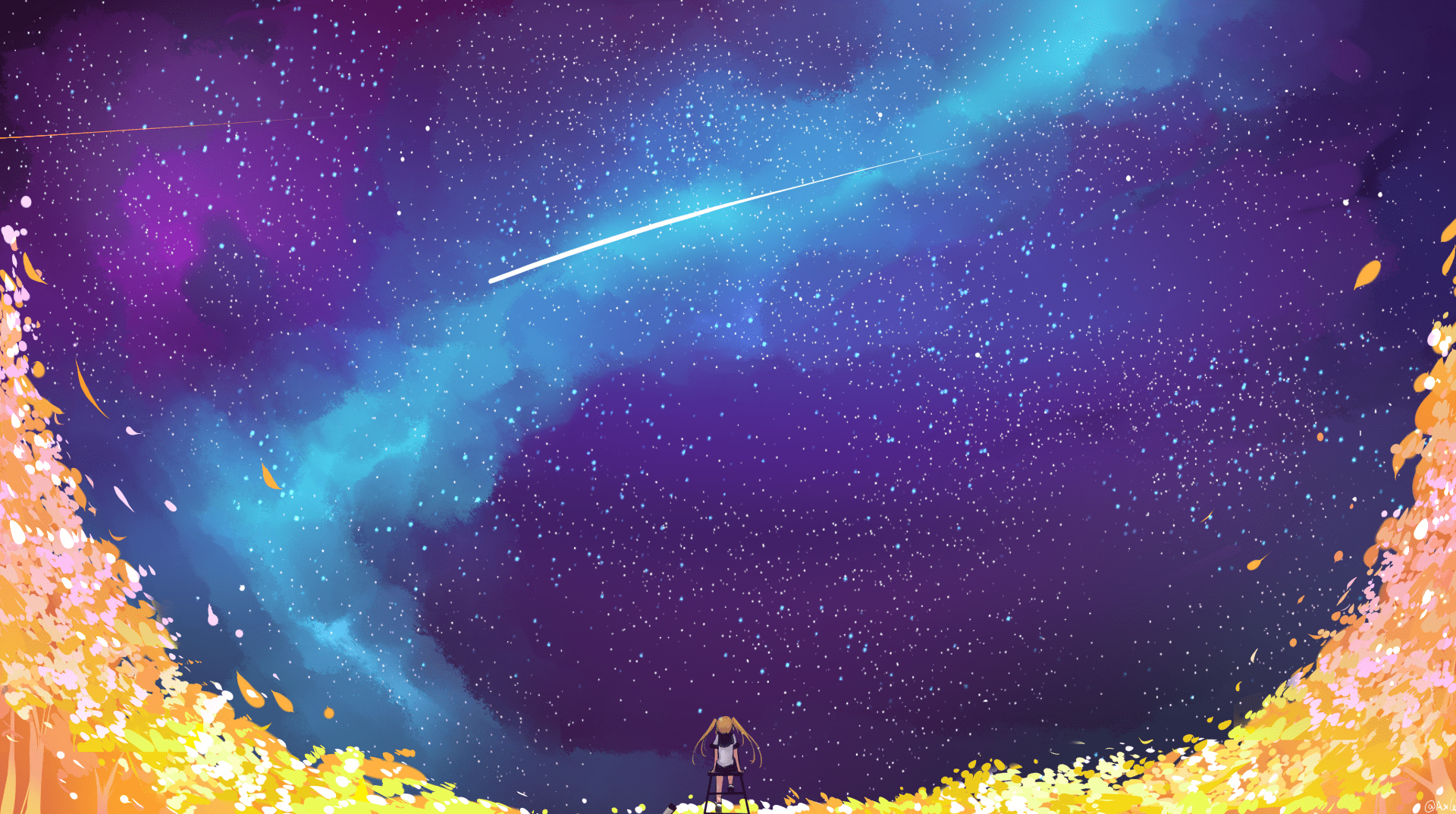1920x1073 Download 1920x1073 Anime Girl, Space, Stars, Galaxy, Falling Stars, Petals Wallpaper
