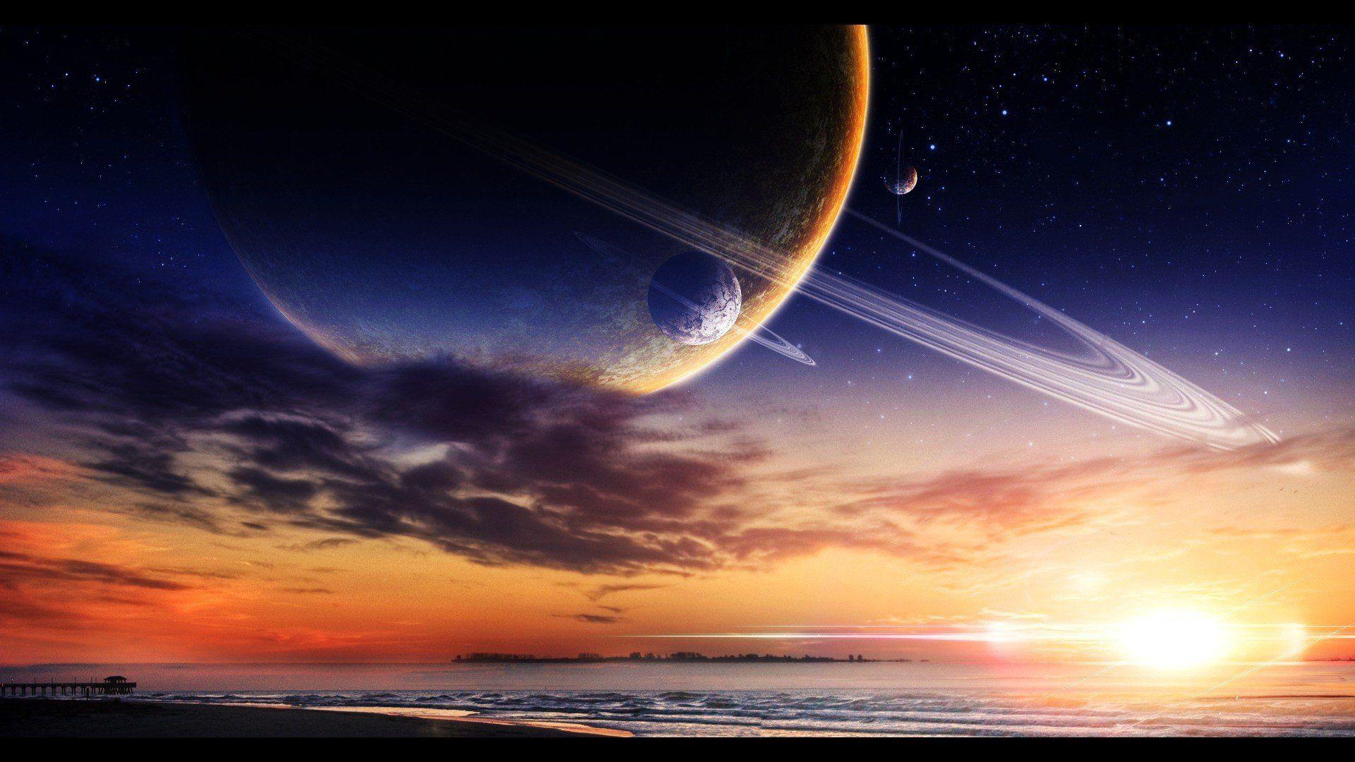 1920x1080 stars, Space, Galaxy, Clouds, Saturn, Moon, Satellite, Sunset, Water, Sea, Waves HD Wallpaper / Desktop and Mobile Image & Photo