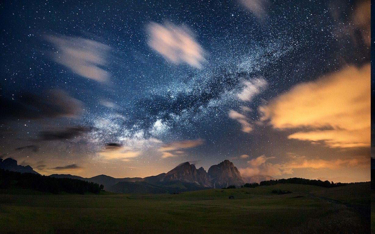 1230x768 nature, Landscape, Milky Way, Mountain, Galaxy, Clouds, Stars, Evening, Long Exposure, Grass Wallpaper HD / Desktop and Mobile Background