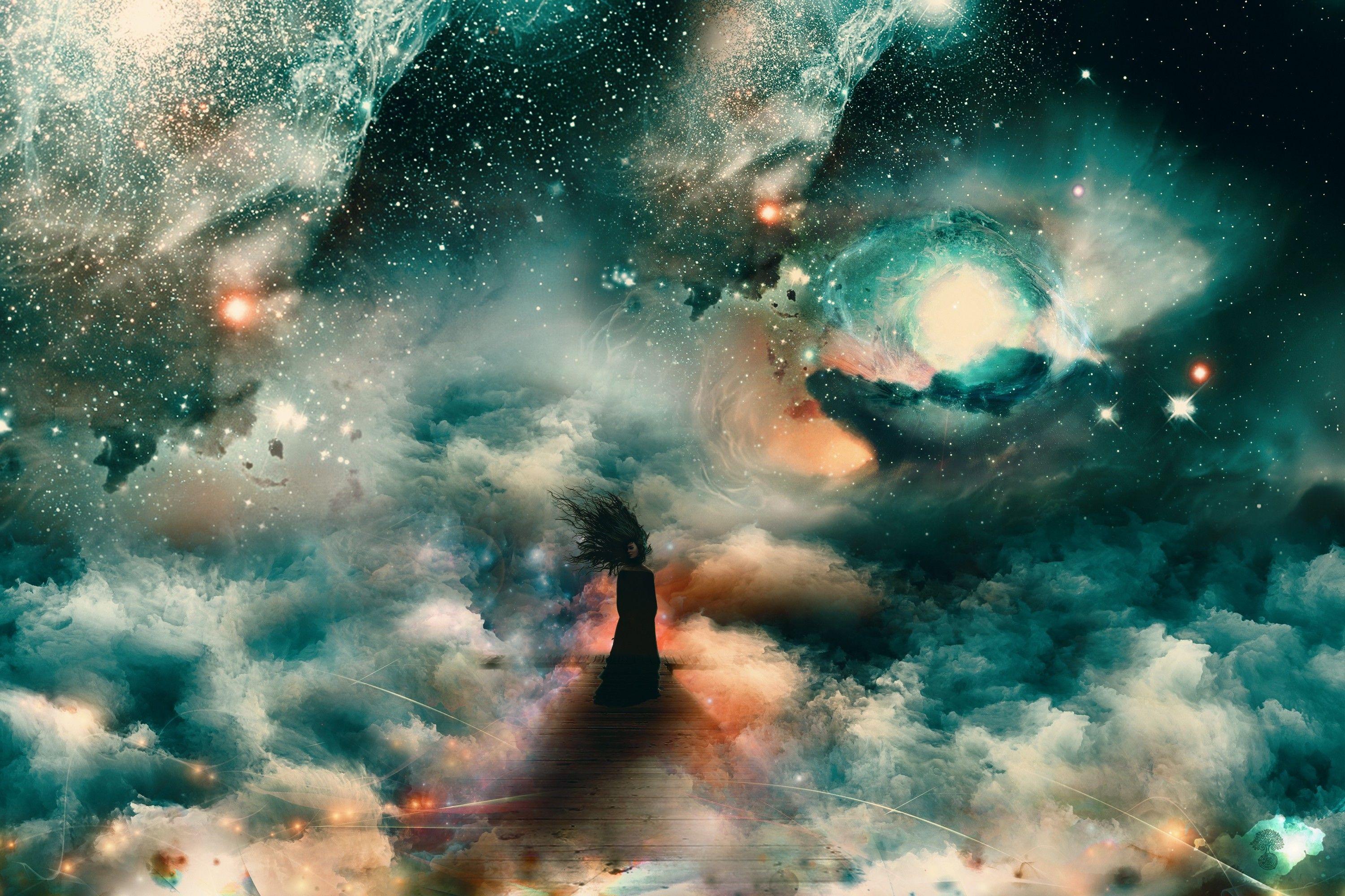 3000x2000 galaxy, Clouds, Women, Bridge, Fantasy Art, Sadness, Space Art Wallpaper HD / Desktop and Mobile Background