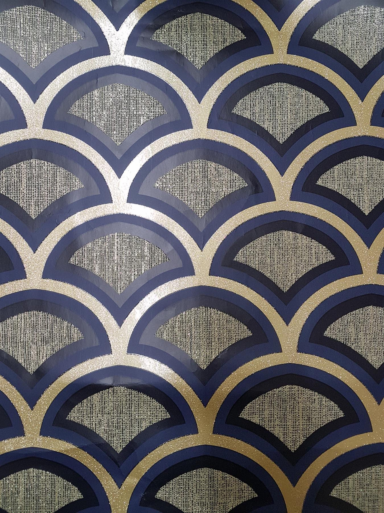 1350x1800 Retro Art Deco Arch Fan Geometric Blue Gold Glitter Moon Wallpaper Vinyl Debona