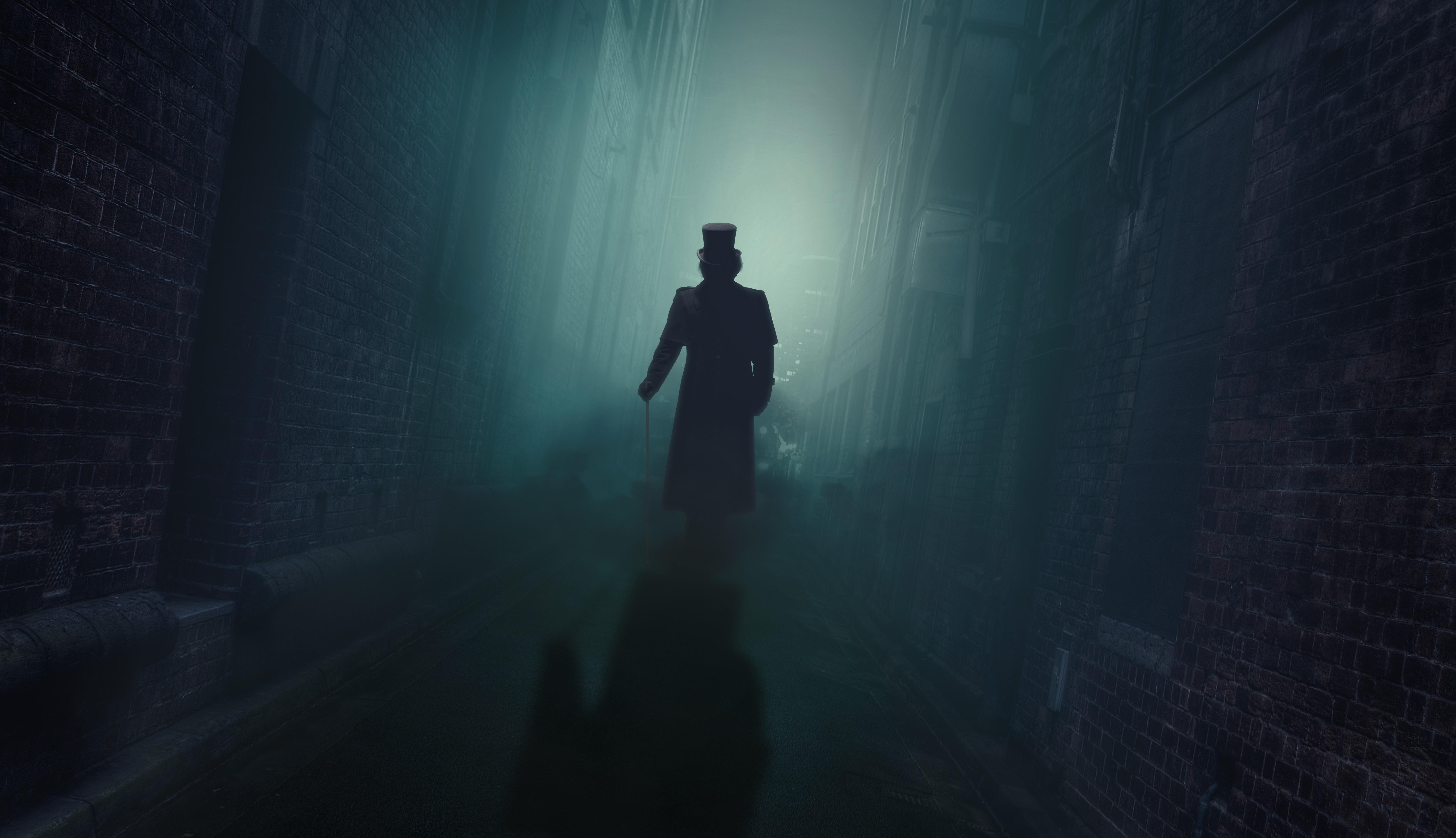 6798x3912 wallpaper silhouette, lane, night, fog, shadow, hat, cane, walk away HD : Widescreen : High Definition