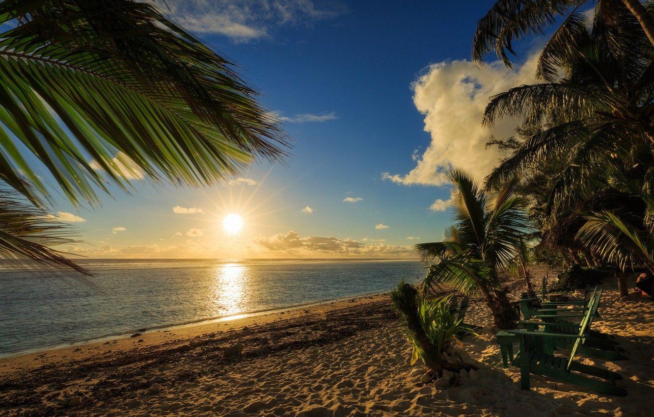 1332x850 Wallpaper sand, beach, sunset, palm trees, the ocean, Cook Islands, Pacific Ocean, The Pacific ocean, Cook Islands, Rarotonga, the island of Rarotonga image for desktop, section пейзажи
