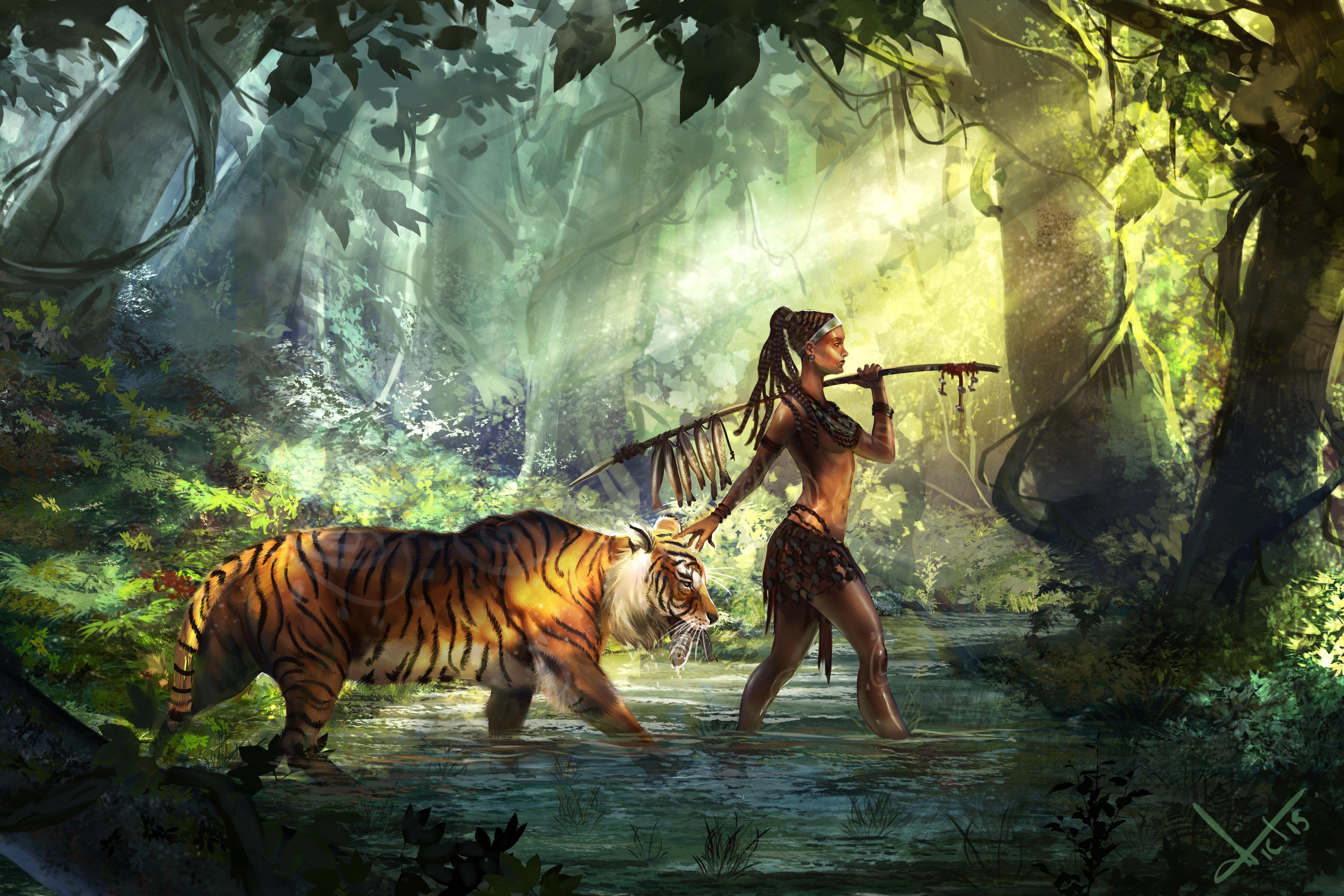4320x2880 women, Warrior, Fantasy, Girl, Art, Artwork, Girl, Tiger Wallpaper HD / Desktop and Mobile Background