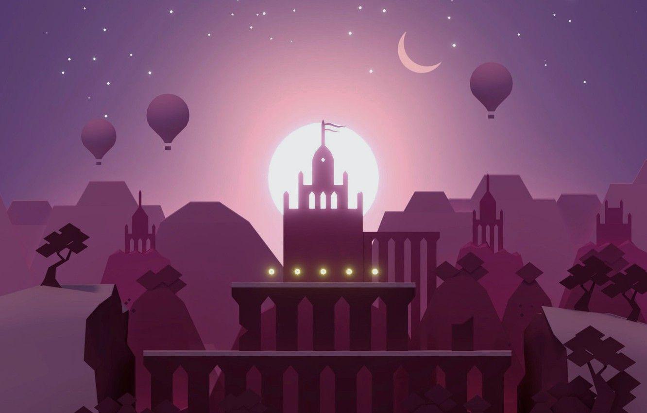 1332x850 Wallpaper Pink, Android, Purple, Games, Stars, Landscape, Tree, Sunset, Snow, Temple, iOS, Minimalism, Hill, Adventure, Cliff, 3D image for desktop, section игры